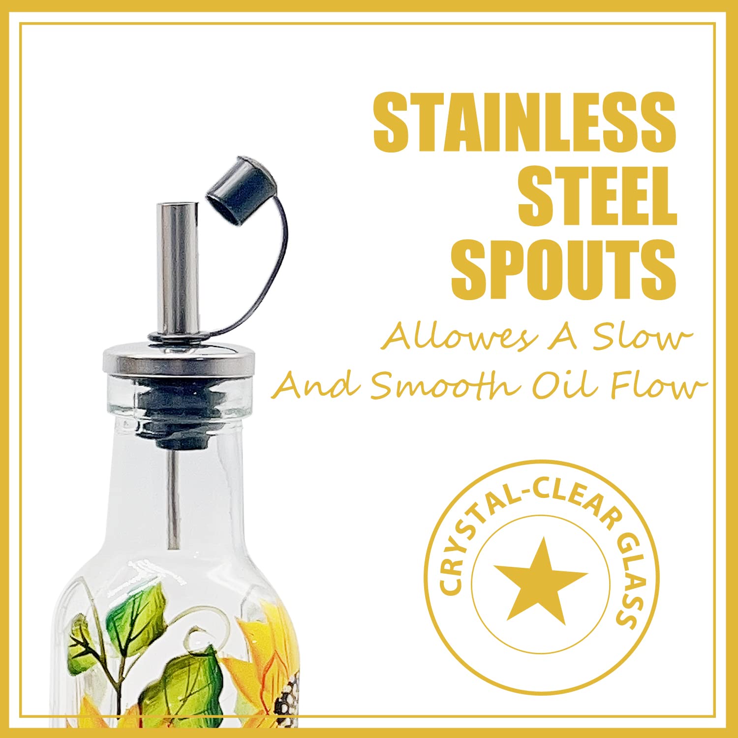 Dispensador de botellas de aceite de oliva de vidrio pintado a mano de 7 onzas, 200 ml, aceite verde y vinagre con vertedores y embudo, jarra de aceite de oliva para cocina (girasol)