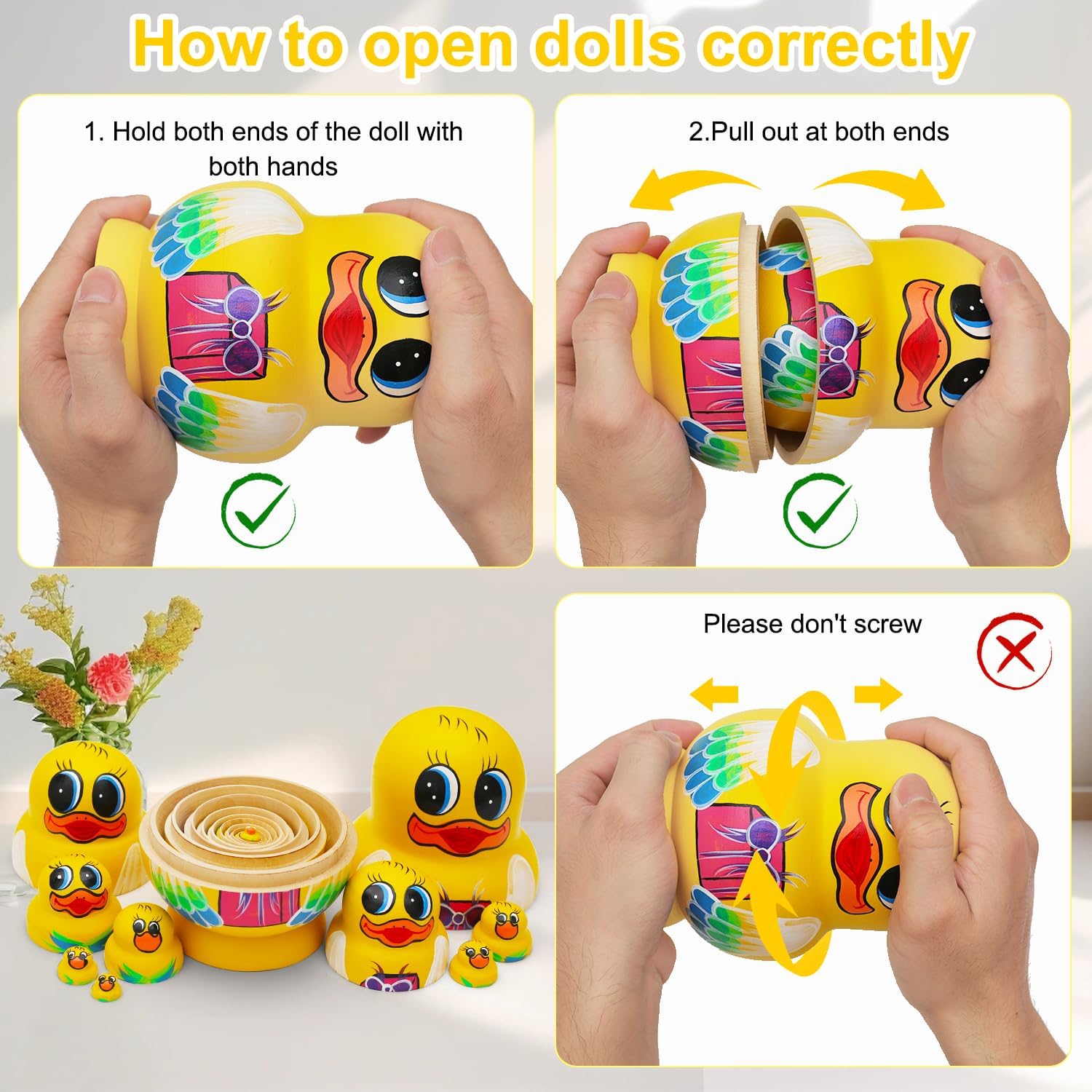 Big-Belly Yellow Duck Nesting Dolls, Handmade 10pcs Animal Duck Pattern Wooden Nesting Toys Russian Nesting Dolls, Matryoshka Stacking Dolls for Kids Christmas Birthday Gift Home Decoration