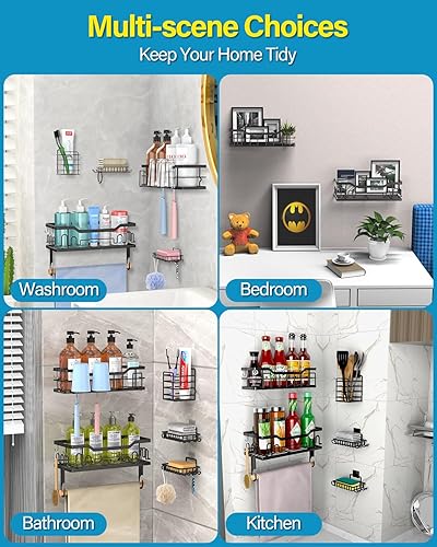 Miniatura 2 de DILEASIR Juego de organizador de ducha de acero inoxidable, 5 unidades, estantes de ducha adhesivos para ducha interior con soporte para cepillos de