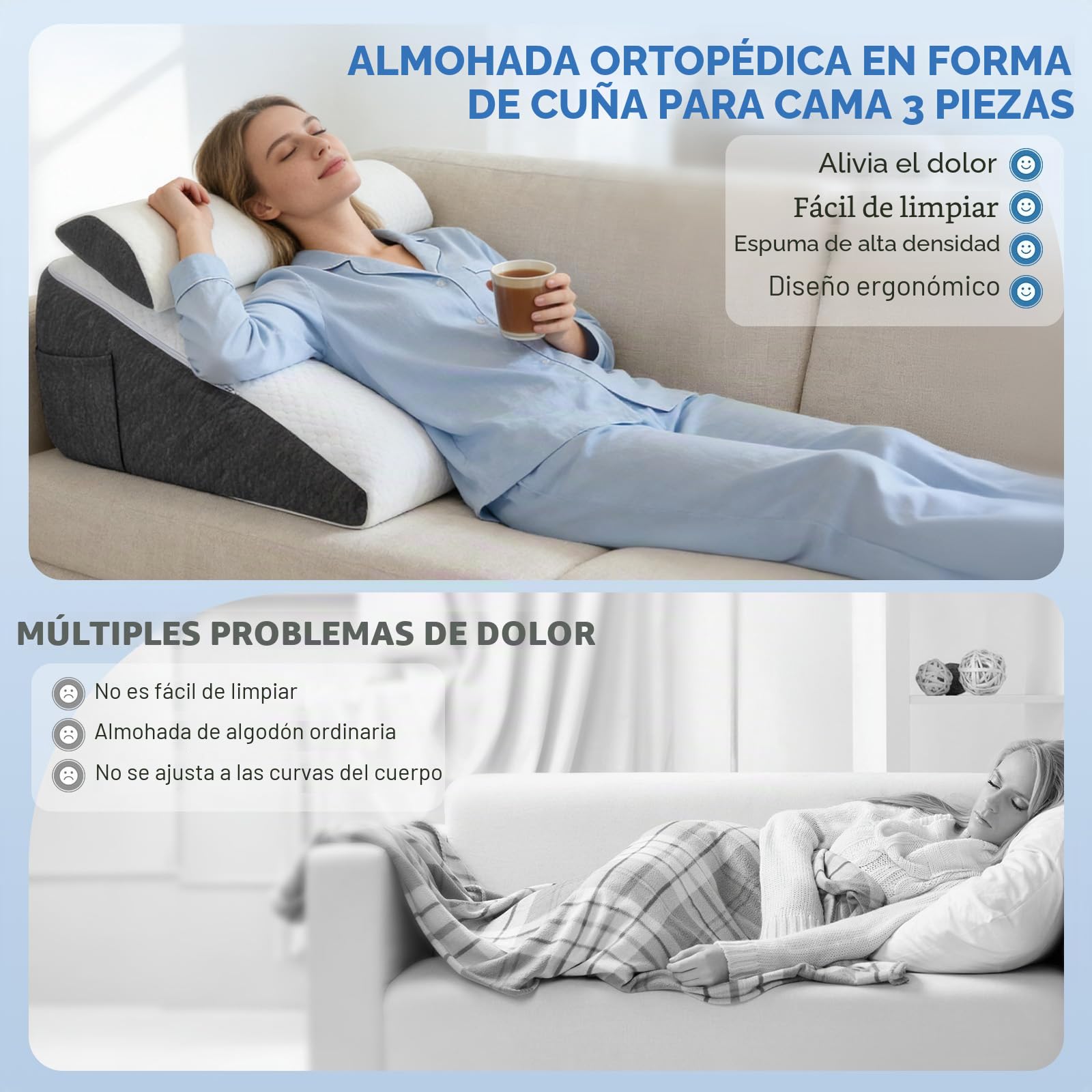 Juego de 3 almohadas de cuña con espuma viscoelástica suave, cojín de apoyo ajustable para un sueño reparador, almohada de inclinación para reflujo, ronquidos y dolor de espalda y piernas