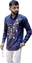 Men's Embroidered Giza Cotton Stylish White Floral Design Formal & Casual Comfortable Slim Fit Long Sleeve Shirt