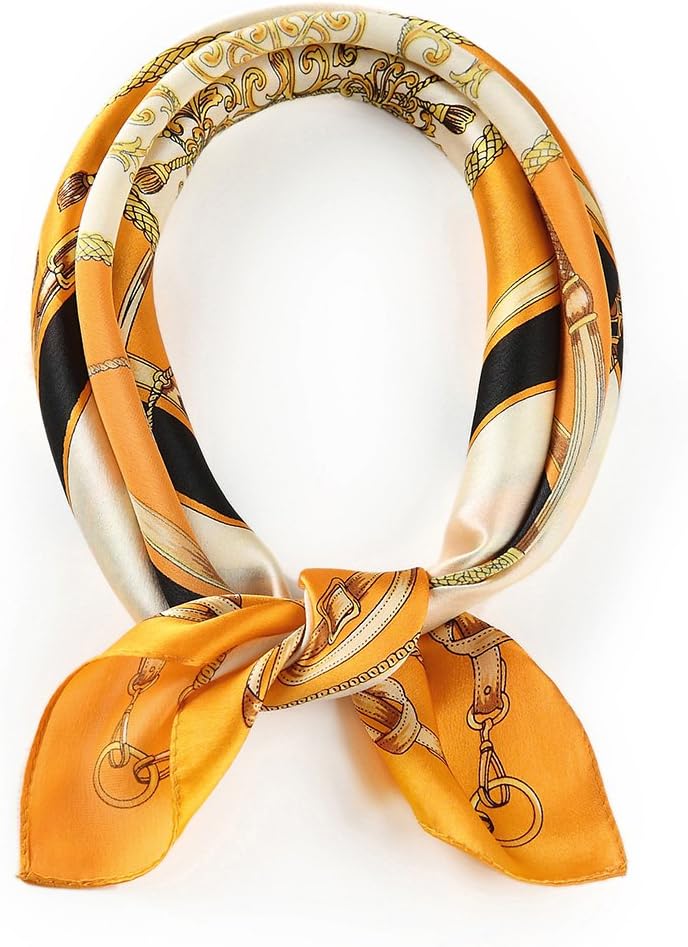 ANDANTINO 100% Pure Mulberry Silk Small Square Scarf -21'21'- Breathable Lightweight Neckerchief -Digital Floral Printed Headscarf (ORANGE)
