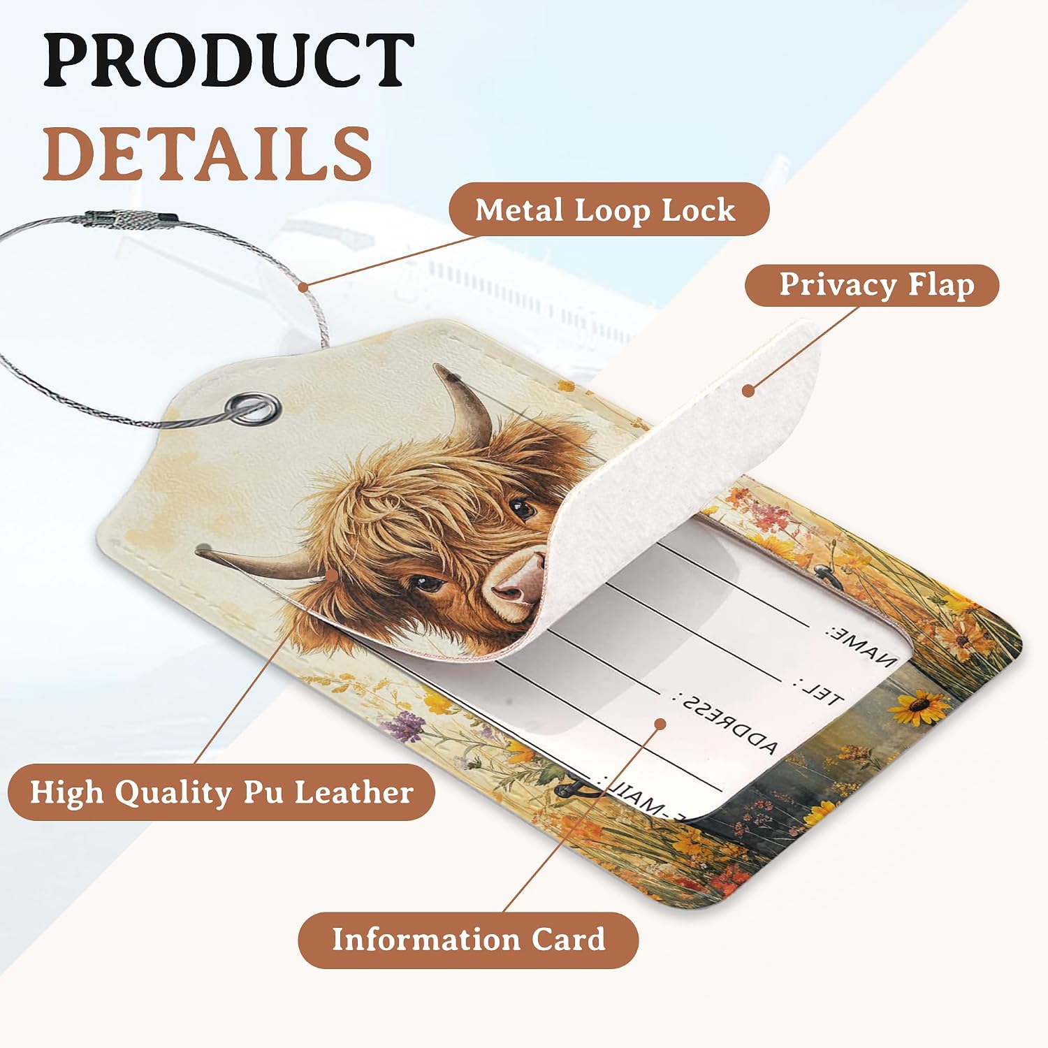 Cute Highland Cattle 2 Pack Luggage Tag for Suitcase, Flowers Cute Unique Leather Bag Tags Identifiers Privacy Cover ID Label with Durable Steel Loop for Women Men Kids Girls Travel image 4