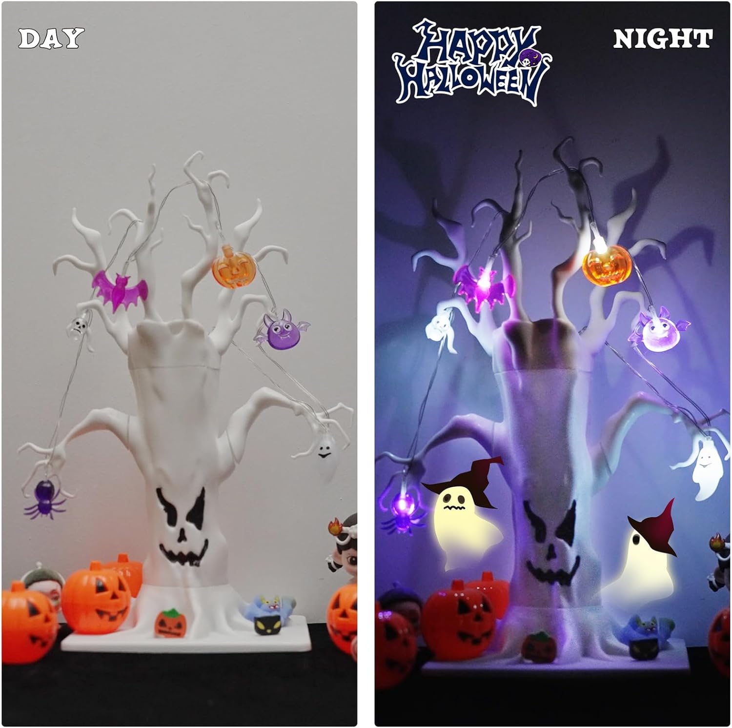 Halloween Tree Decorative Centerpiece with Spooky Ornaments, Halloween Lights with Skulls, Ghosts, Bats, Pumpkins, and Spiders at The top of The Tree, Suitable for Rooms, Tables, and Mantelpiece.
