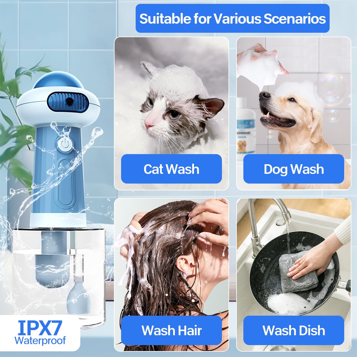 Dispenser di sapone elettrico per animali domestici, macchina automatica per schiumare shampoo, spruzzatore elettrico per cani e gatti, attrezzatura per il lavaggio per il bagno o la doccia di cani e