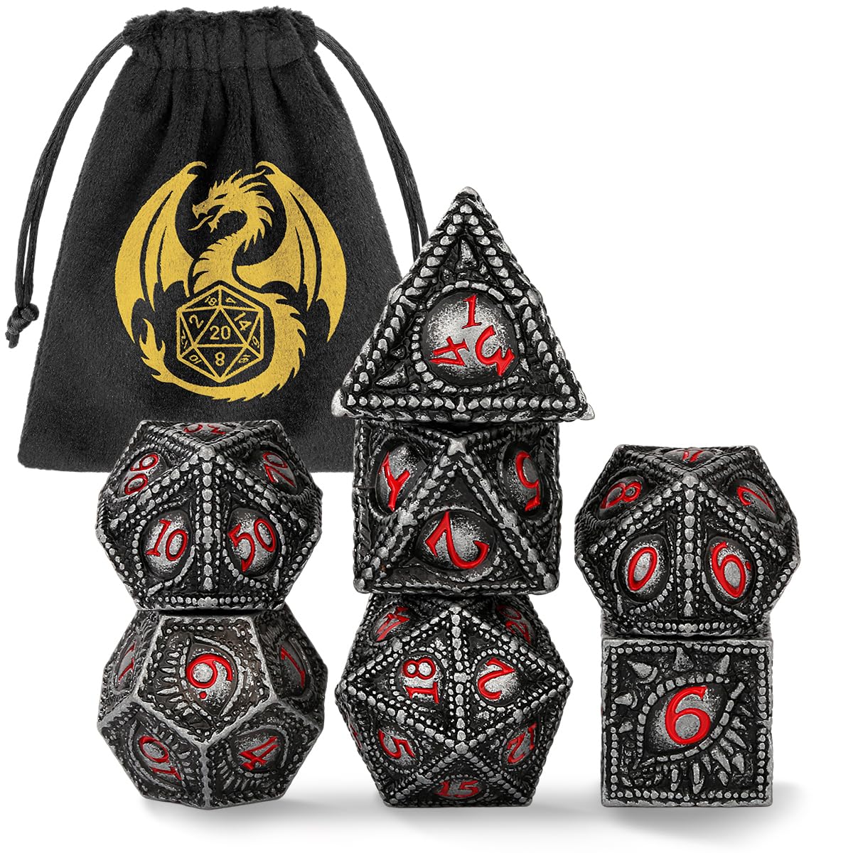 Metal Dice Set, Dragon Eye Theme, 7pcs Polyhedral Metal DND Dice Set, DND Starter Set, D&D Gifts with Gift Bag, Role Playing Board Games Accessories, Red Black Silver — image 1
