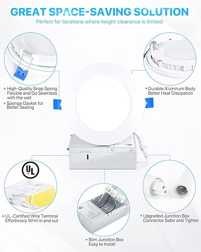 Miniatura 2 de Ensenior - 6 lámparas empotrables LED ultrafinas de 4 pulgadas con caja de conexiones, 3500 K blanco neutro, 9 W 75 W Eqv, luz descendente