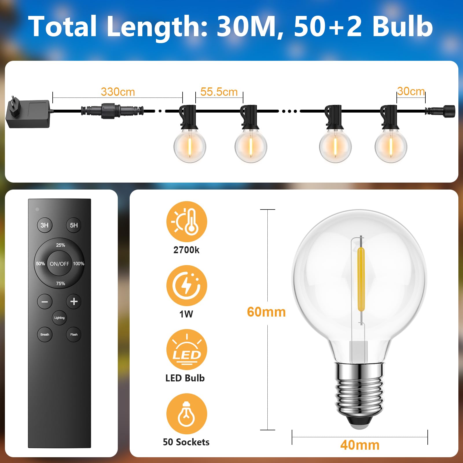 Catena Luminosa Esterno, 30M LED Luci da Esterno Giardino, Catena Luci Impermeabile Lucine with 50+2 Filo Lampadine per Natale Terrazzo Matrimonio Partito Esterni Decorative Luminarie