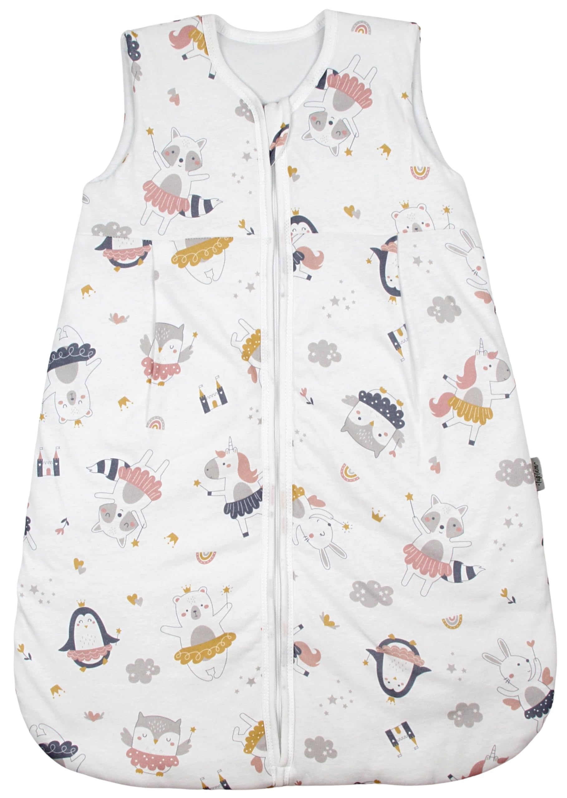 TupTam Schlafsack Baby 2.5 TOG – Atmungsaktiver Winterschlafsack für Kinder, OEKO-TEX zertifiziert, Farbe: Feen Tiere Gelb Rosa Blau Grau, Größe: 80-86