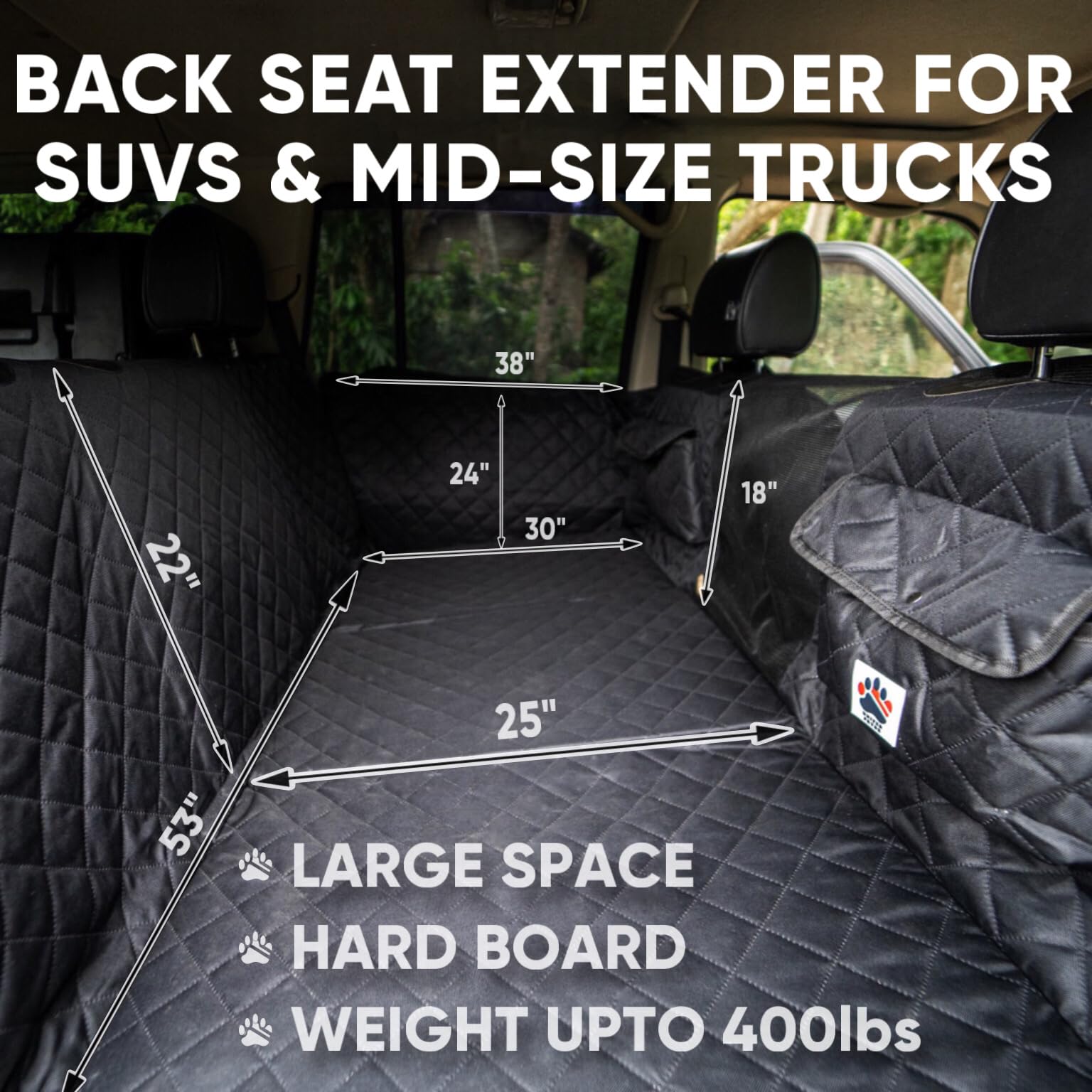 Backseat cover for dogs in car, Dog car seat cover for back seat, Dog hammock for car, Sedan, SUV, Mid-size Trucks, Backseat Extender for Dogs, Hard bottom car seat cover for dogs, Up to 400 lbs