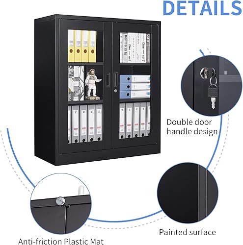 Miniatura 4 de Yizosh Armario de almacenamiento de metal con puertas de cristal, vitrina con bloqueo de 35.4 pulgadas con 2 estantes ajustables para oficina en