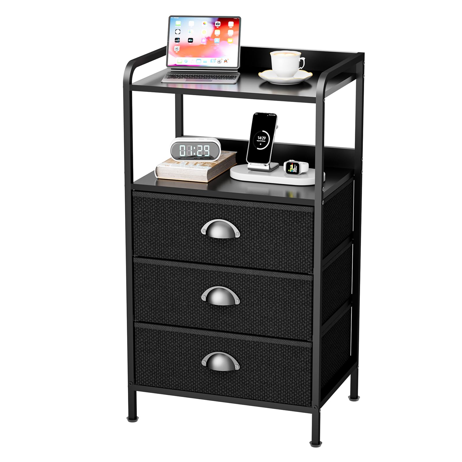 Night Stand with 3 Fabric Drawer and Sturdy Metal Frame, Modern Nightstand Lightweight & Durable -55LB Load Capacity, Wear-Resistant & Easy-Clean