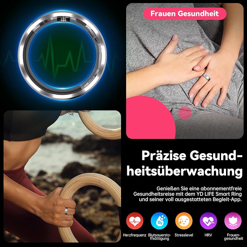 YD LIFE Okos gyűrű, ezüst, 8-18,5 mm, 5 ATM vízálló, hőmérsékletméréssel, pulzus SpO2, alvás és 100+ sportmód, Android iOS kompatibilis