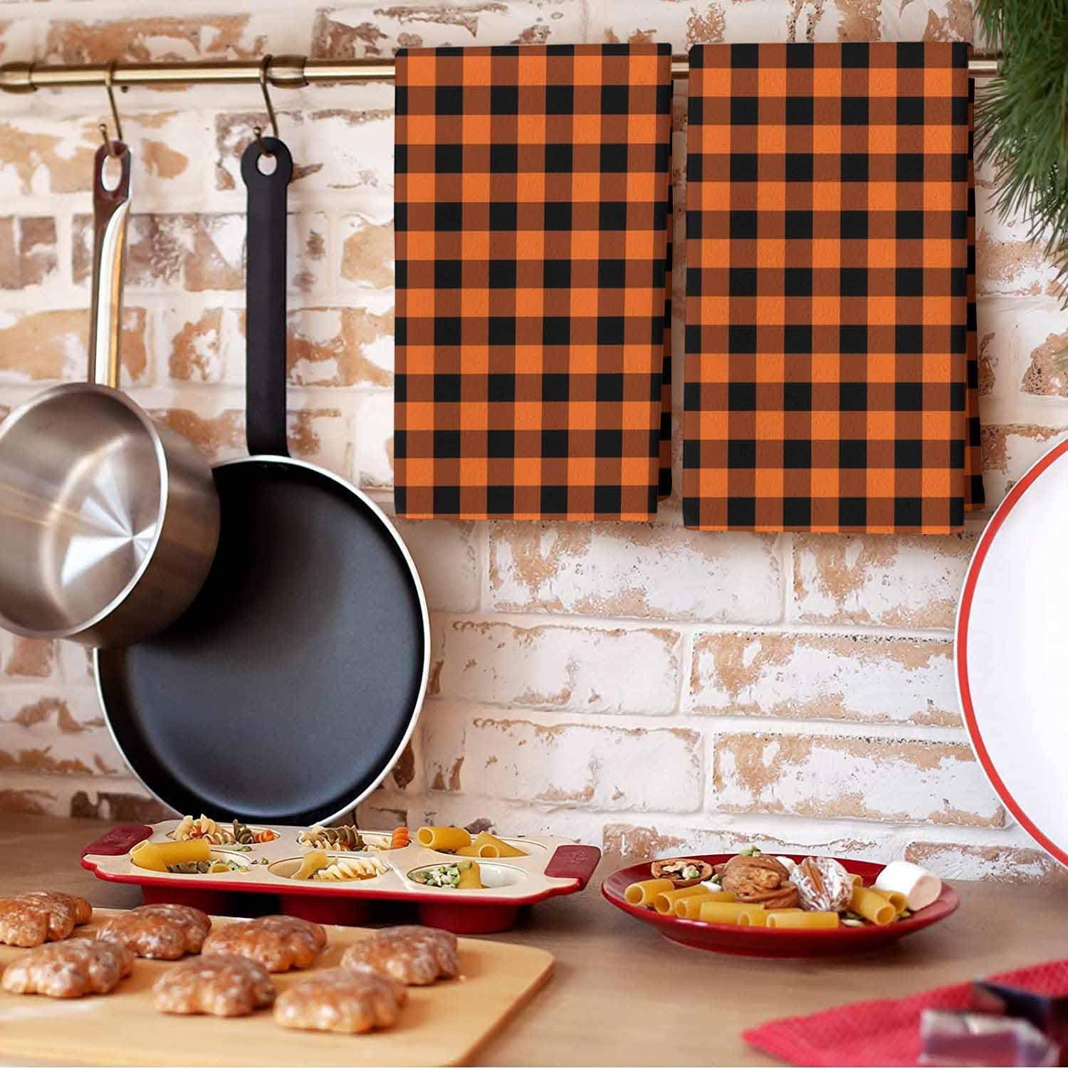 Orange Plaid Kitchen Towels, 1 Pack, Halloween Orange and Black Buffalo Check Plaids Dish Towel Soft Absorbent Dish Cloths Quick Drying Hand Towels for Kitchen, Bathroom, Hotel, 18 x 28 inch