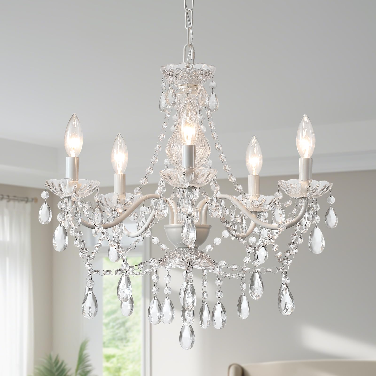 AMZASA Crystal White Chandelier, Ceramic White Hanging Pendant