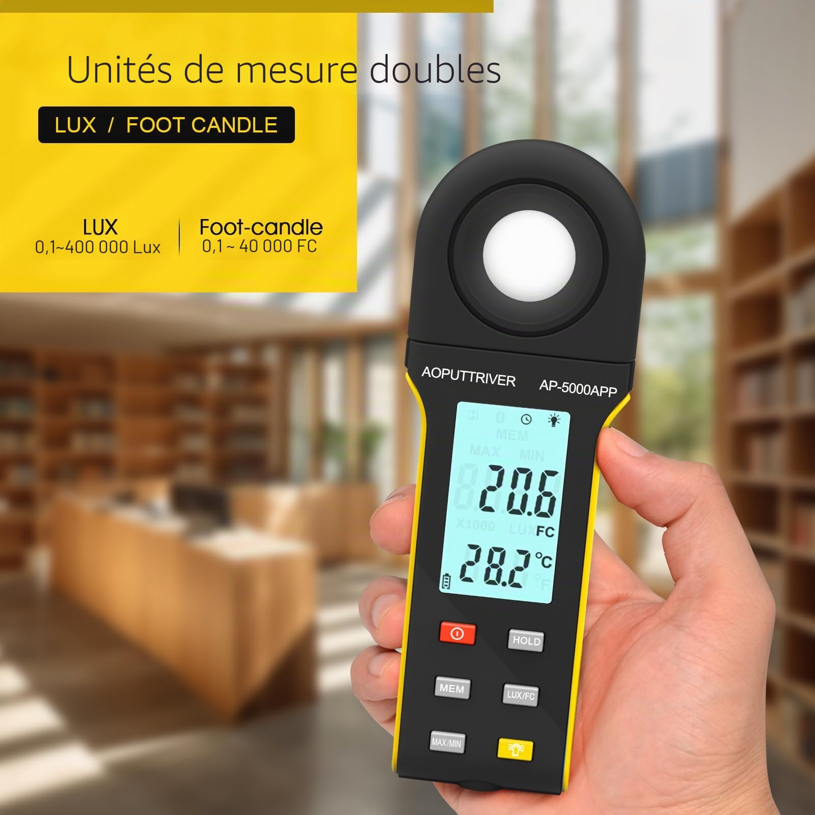 Luxmètre Numérique, Lumen Meter Mesureur de Lumière 0.1~400,000 Lux Foot Candles avec Capteur Rotatif 270º, APP Opération en Un clic, Mesureur de Lumière pour Plantes Film Photographie Lumières LED