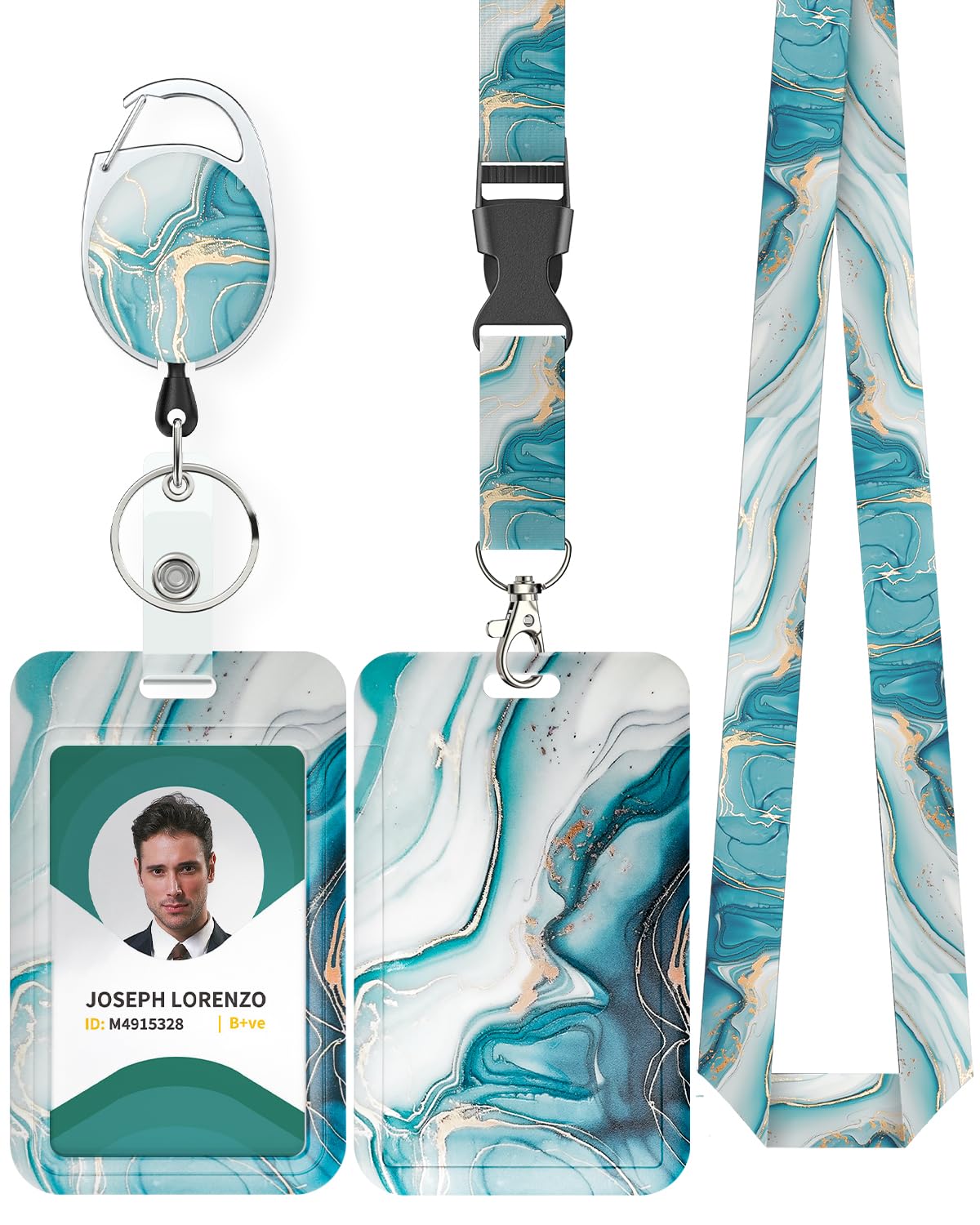 Uniclife Marbling Sliding Badge Holder Cyan Marble Pattern Plastic Card Holder with Retractable Badge Reel Carabiner Detachable Lanyard Vertical Card Protector for Office Worker Nurse Teacher Student — image 1