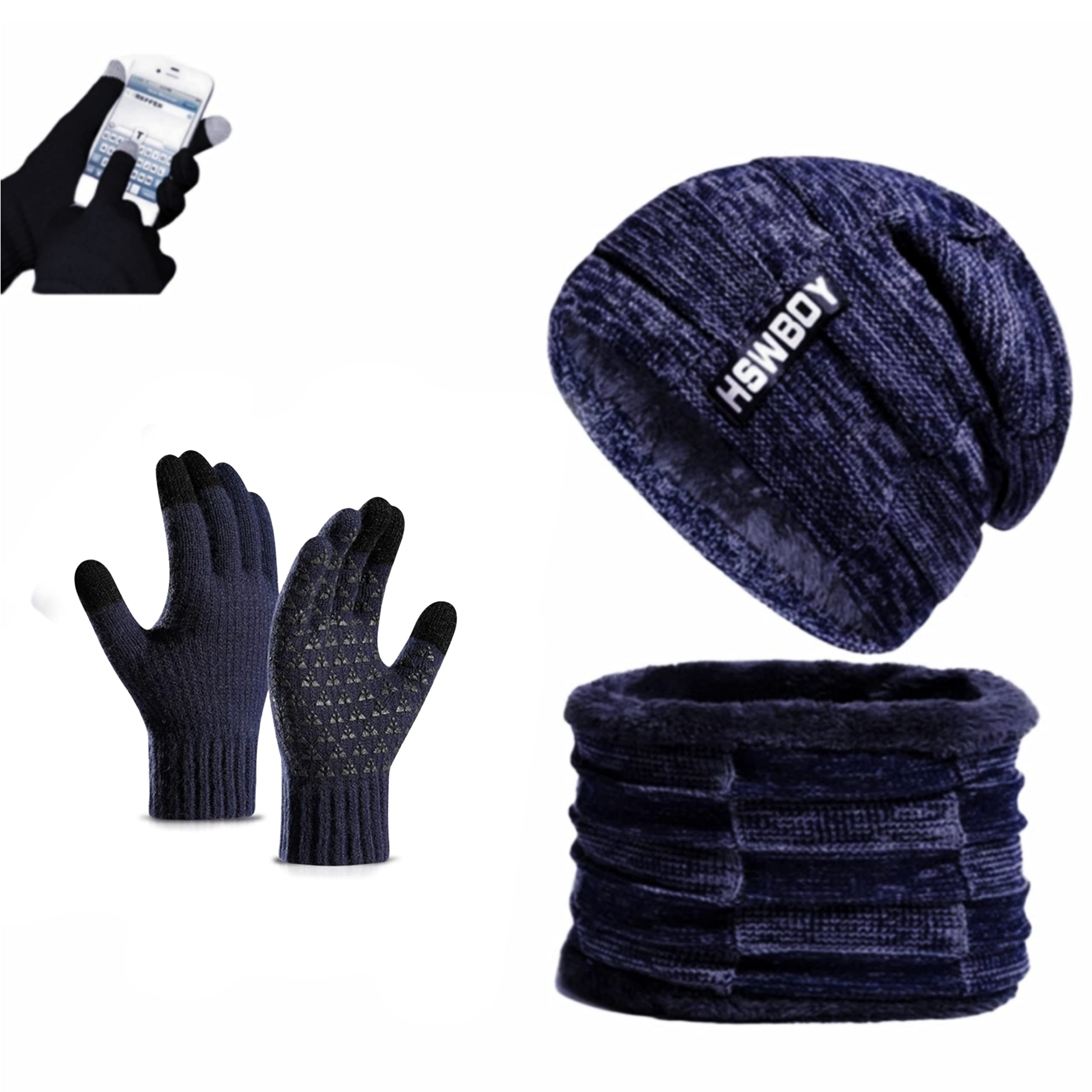 Latest Stylish Winter Woolen Beanie Cap Scarf (Fur Inside) and Touchscreen Gloves Set for Men and Women Stretch Warm Winter Cap