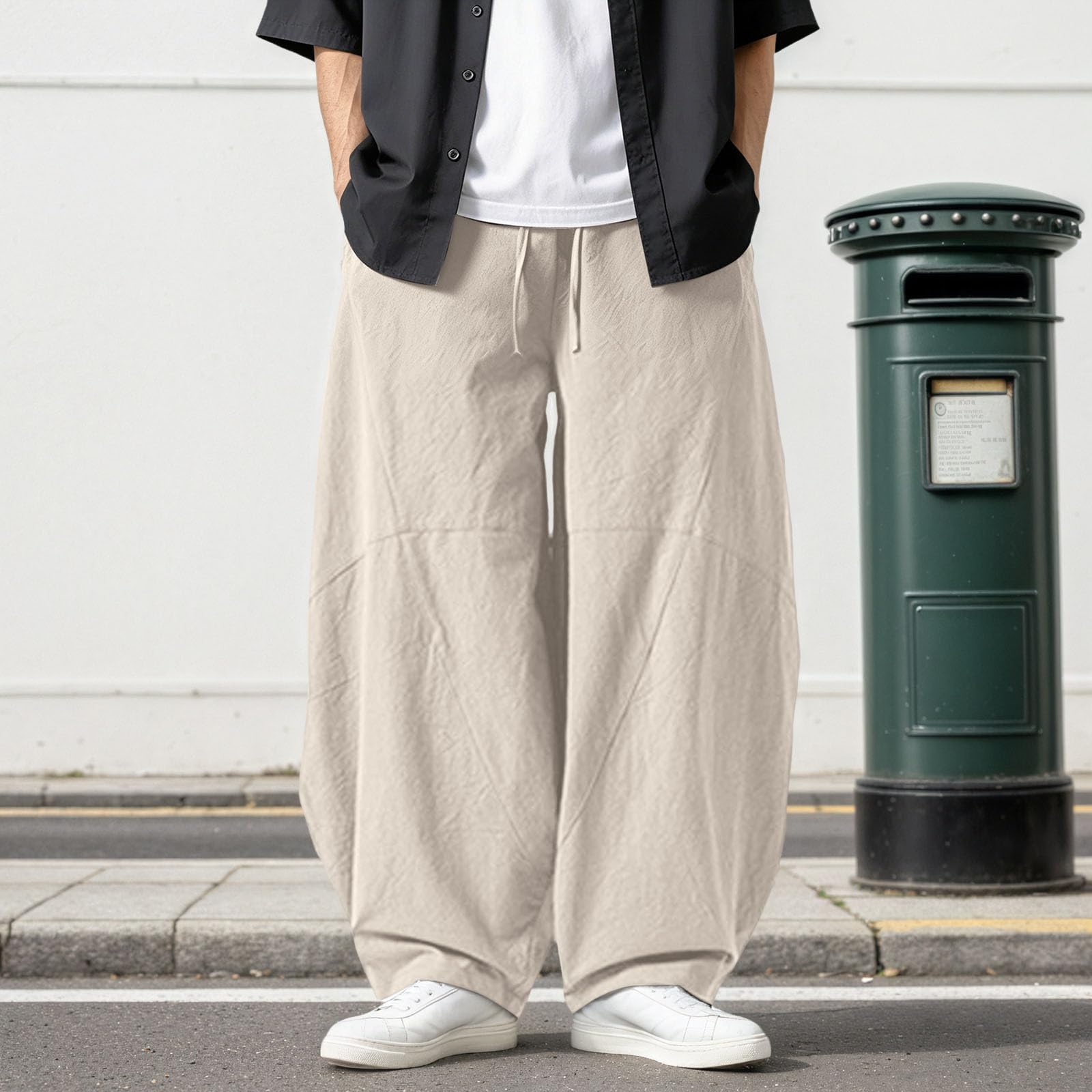Generisch Herren-Leinenhose, lässig, Strand, Urlaub, elastische Taille, Kordelzug, Sommer, gerade Beine, Hose mit Taschen, Sport, Dehnbarkeit Strandhose Casual Business & Freizeit - Bequeme Golfhose