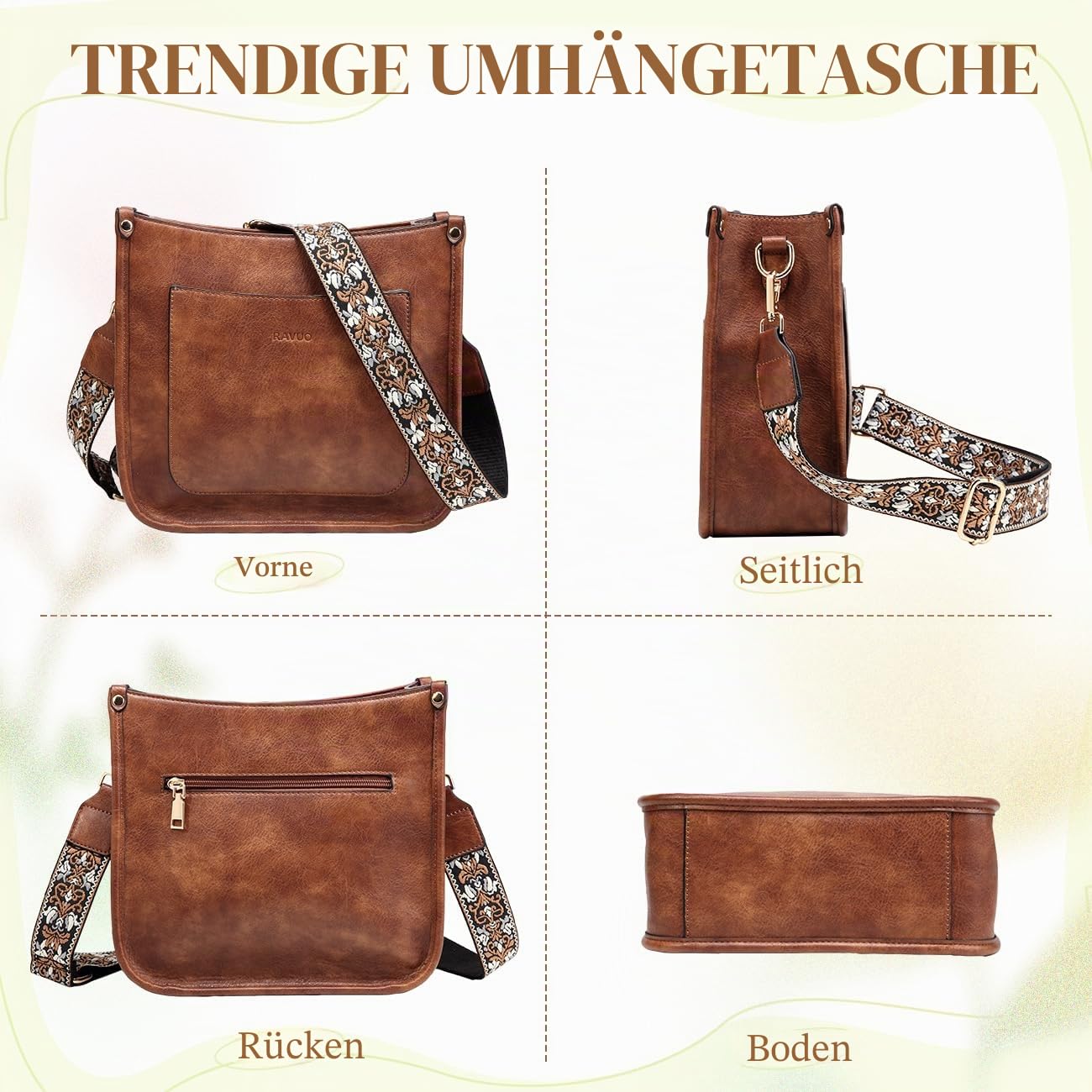 RAVUO Handtasche Damen Mittelgroß Umhängetasche Crossbody Bags Leder Schultertasche für Frauen Shopper Tasche mit Verstellbarem Farbigem Riemen