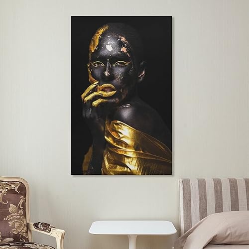 Miniatura 7 de Arte de pared de niña negra, arte de pared africano a la moda, póster de niña de hoja dorada, pinturas artísticas en lienzo, decoración de pared