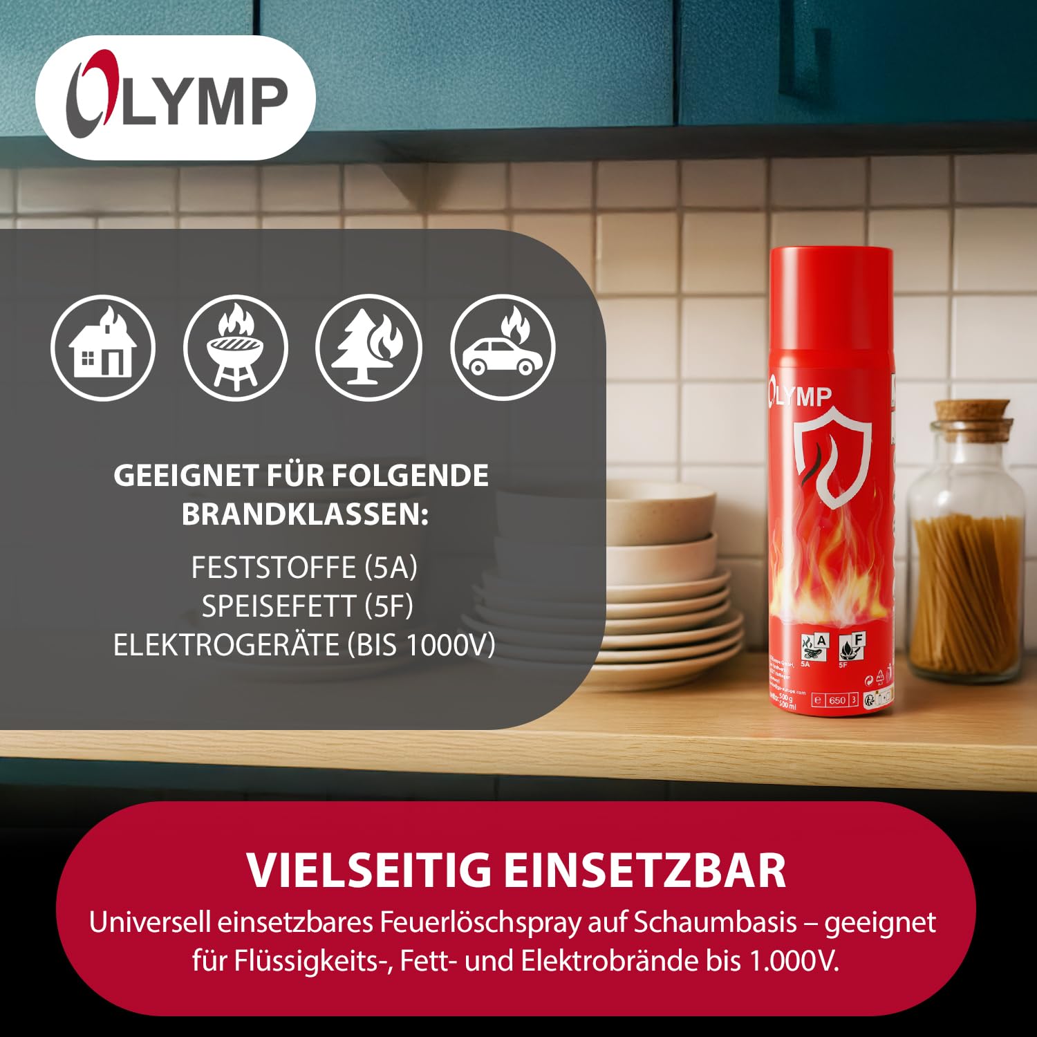 Olymp Feuerlösch Spray 2 Stück | Feuerlöschspray für Küche & Haushalt | Feuerlöscher Spray für Fettbrände | Löschspray für Zuhause | Feuerlöscher Dose Klein & Sicher | Feuerlöscher Wohnmobil