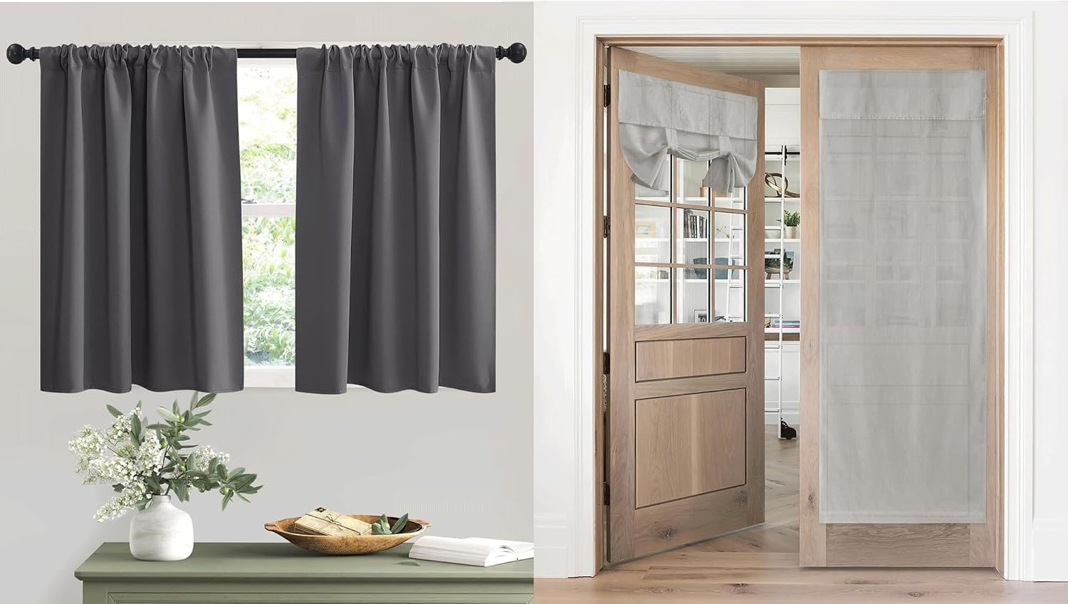 RYB HOME Short Curtains Tiers Grey Bundle with Faux Linen Blend Door Curtains