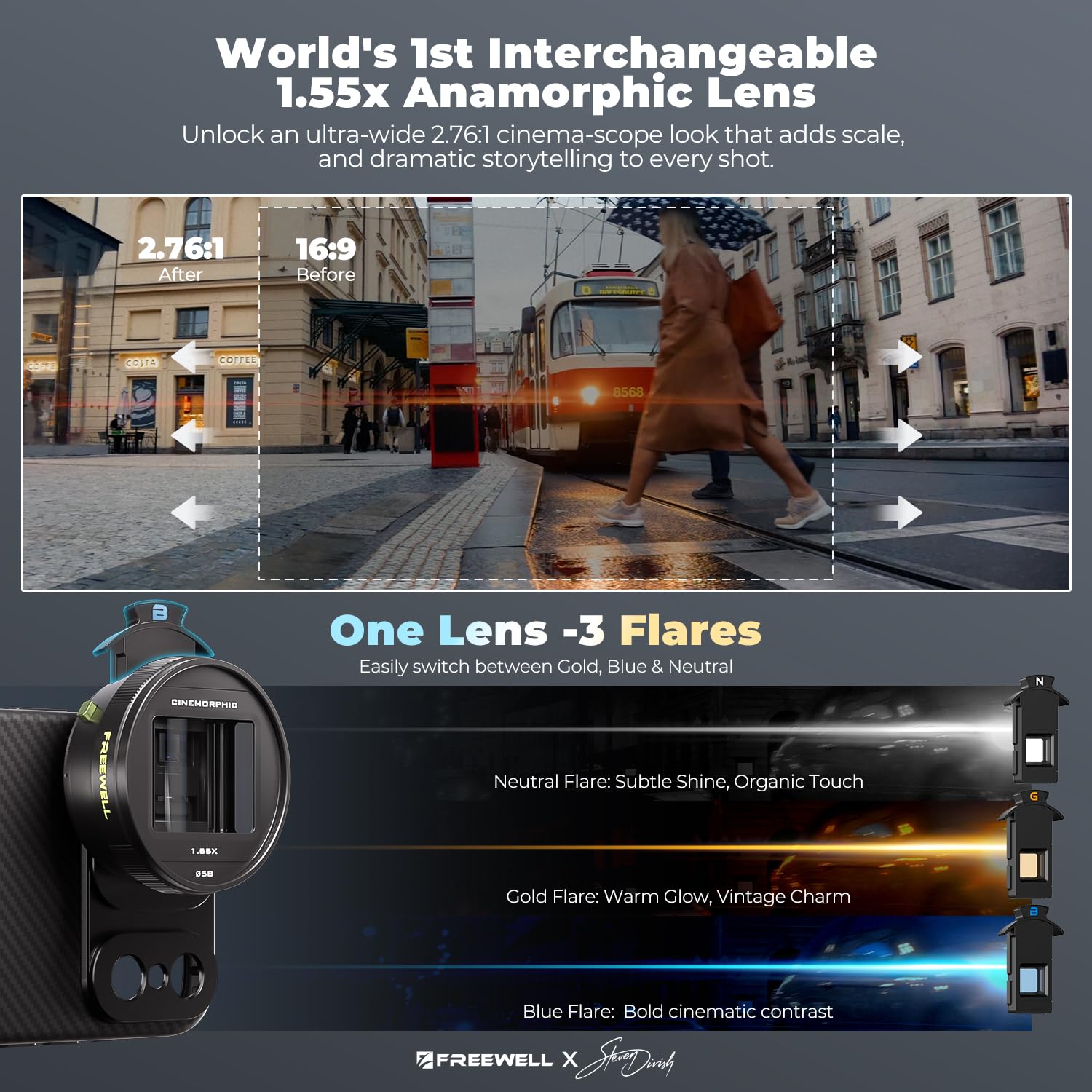 Freewell - Anamorficzny obiektyw 1.55x do iPhone'a i Samsunga - Streak 3 w 1 (neutralny, złoty, niebieski) - Kinowy obiektyw do smartfona z Bokeh Oval - Kompatybilny z obudową i klatką montażową 17 mm
