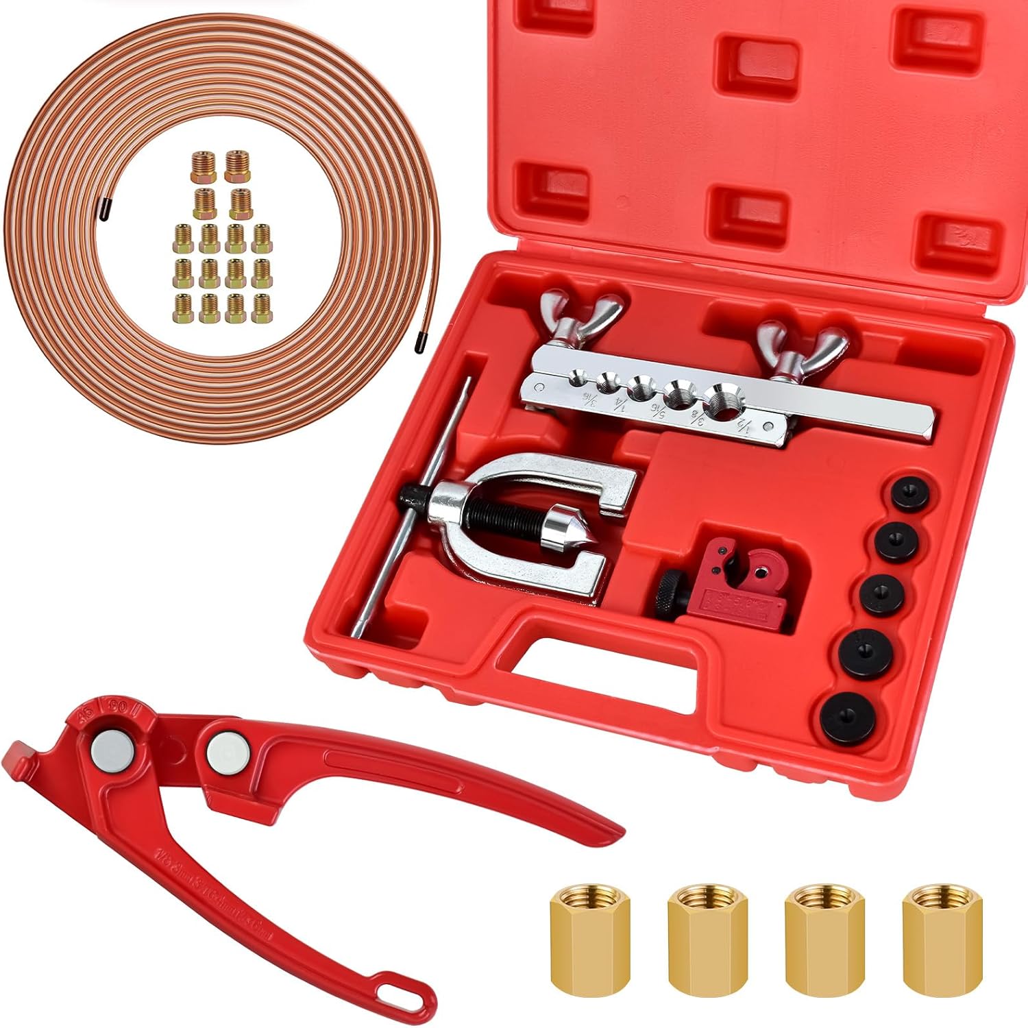 MuHize 1/4 Inch Brake line kit Include 25 FT Copper Coated Brake Lines with Fitting(16pcs Fittings,2pcs Union+4pcs Nut) Brake line Bender,Single Flare Tool,Cutter1/4 Inch Brake line kit