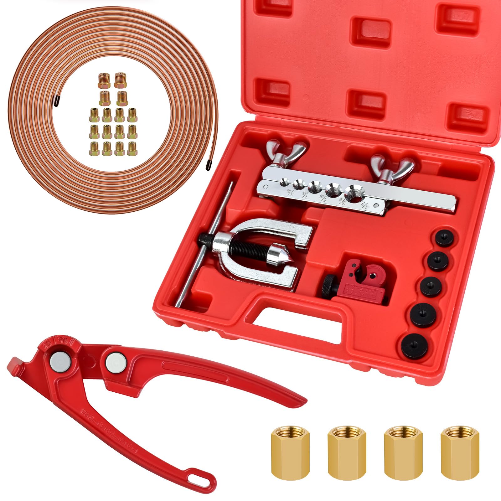 MuHize 25 ft 1/4" Copper Coated Brake Line Kit (Includes 16 Fittings and 4 Unions Brake Line Fittings) with Tube Bender and Brake Line Double & Single Flaring Tool Kit