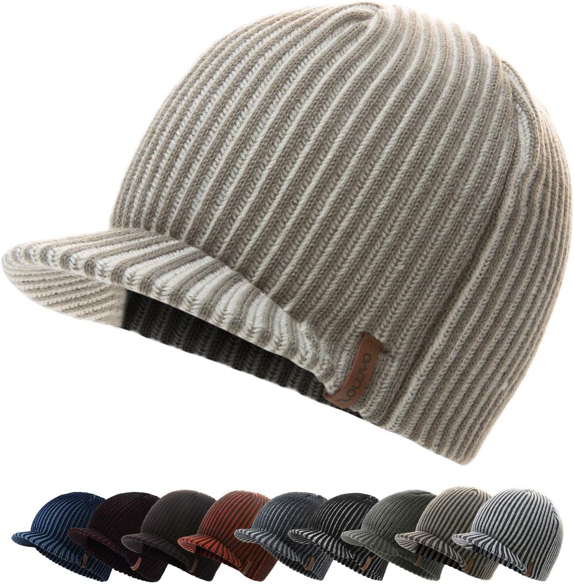 zowya Winter Visor Beanie Hat for Men & Women Brim Knit Skully Hats Billed Skull Cap Thick Vintage Contrast Color,1Hat