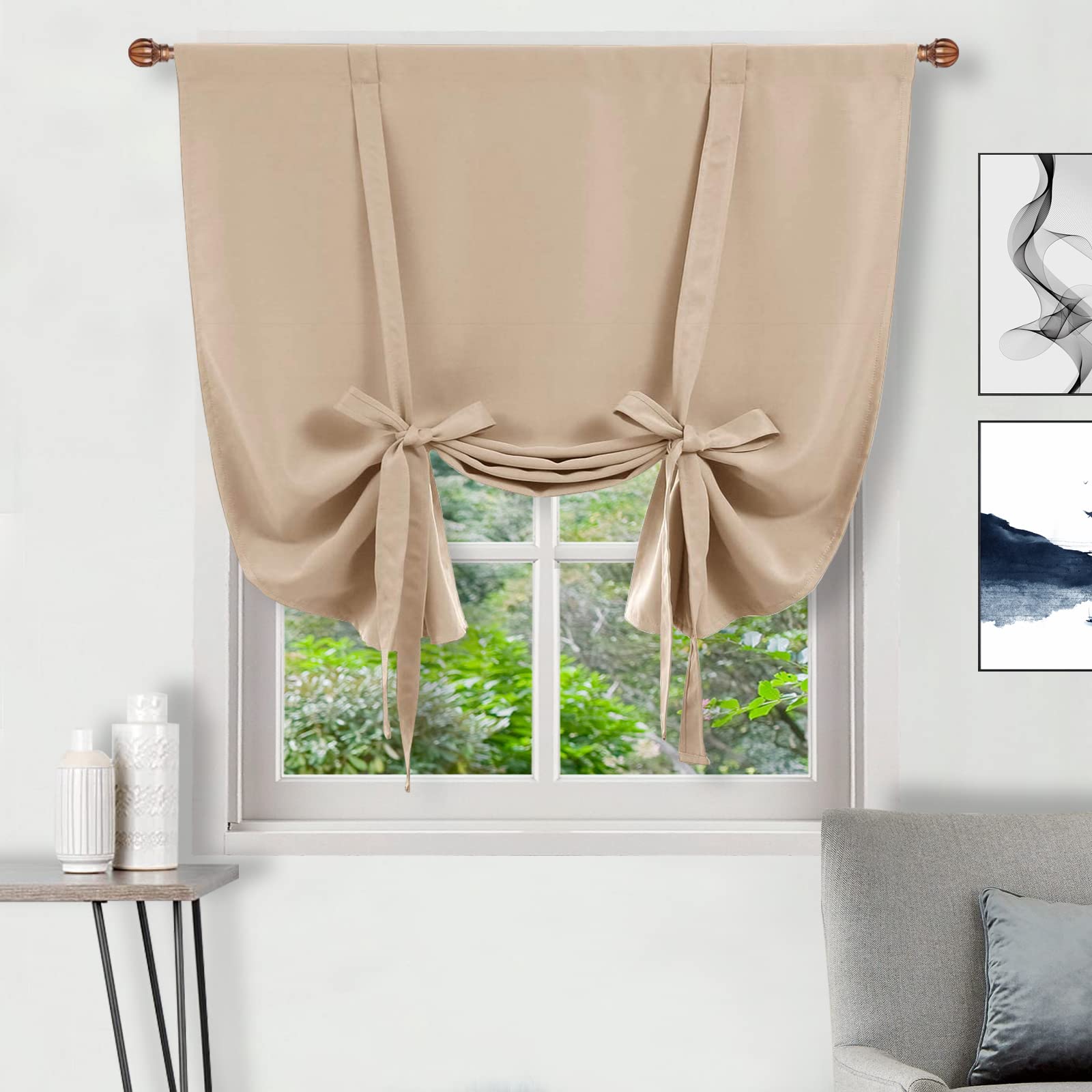 DWCN Blackout Curtains-Tie Up Shade for Window Thermal Insulated Room Darkening Rod Pocket Curtains for Kitchen, Beige, W42 X L63 Inches, 1 Panel