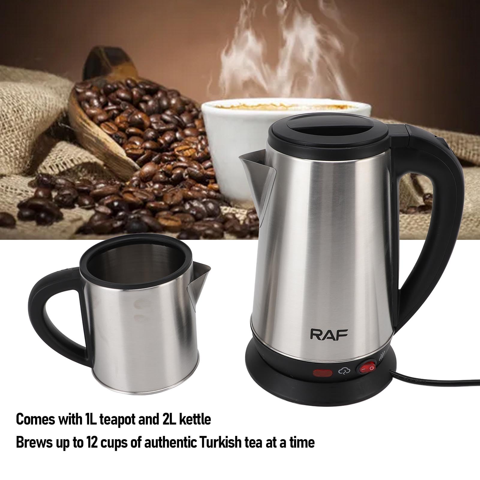 ASHATA Set de Tetera Turca de Acero Inoxidable, Tetera Turca con Infusor y Tapa, 1L y 2L Creador de té de té, Parte de Calefacción Oculta, hasta 12 Tazas, para Casa (Enchufe de la UE 220V)