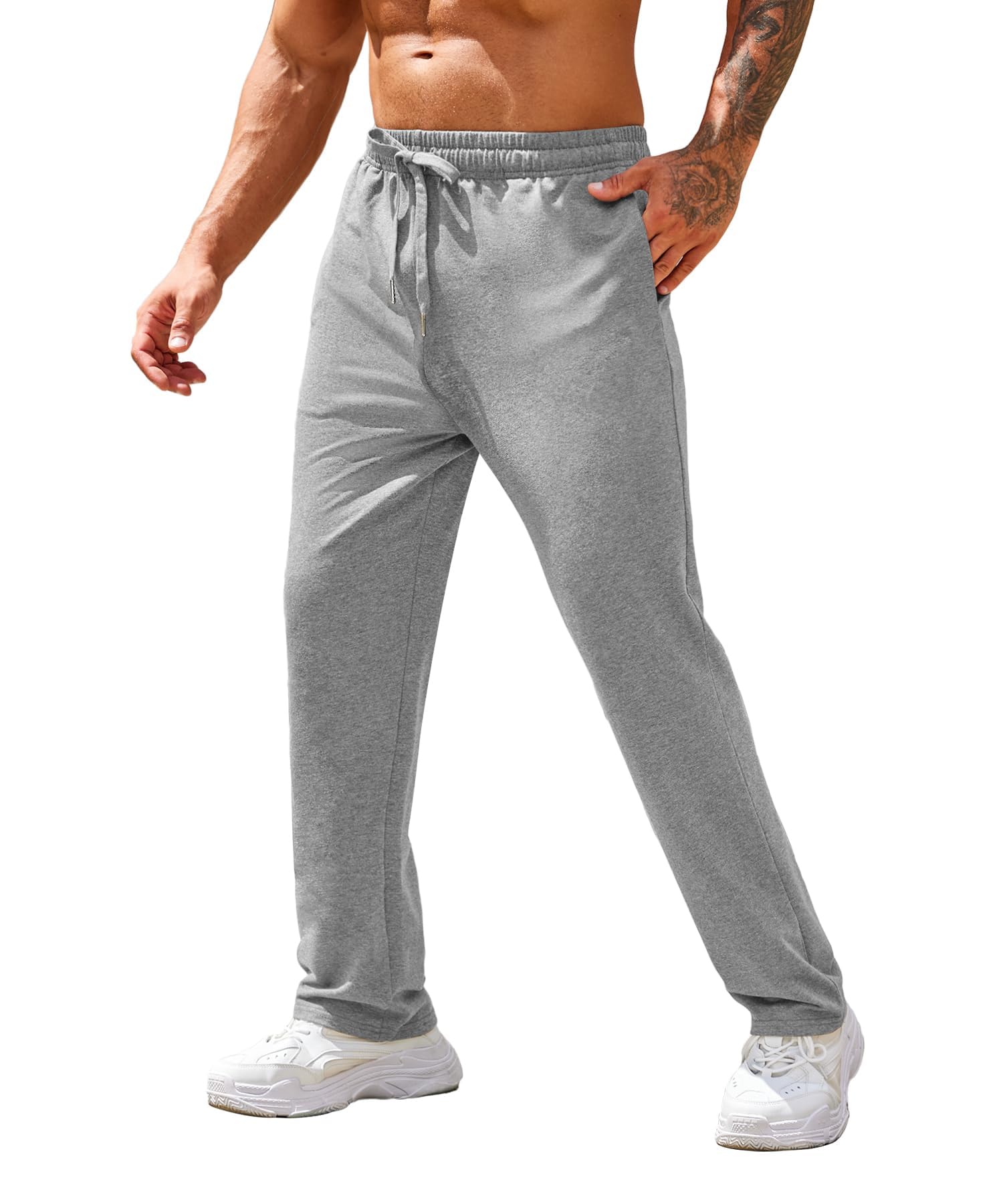 Men's Cotton Sweatpants Open Bottom Lounge Pants Lightweight Casual Jogger Pants with Pockets