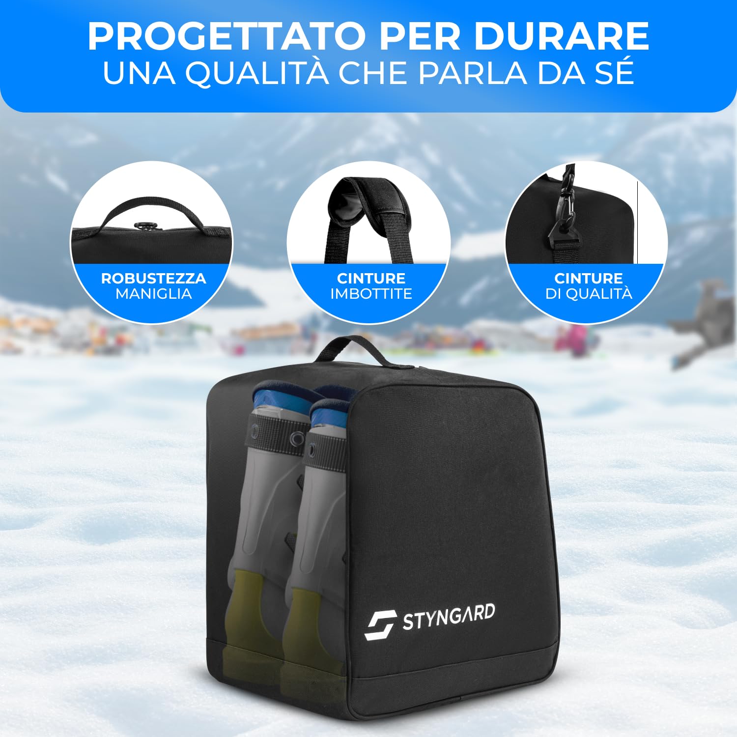 STYNGARD Borsa porta scarponi con scomparto per scarponi [38 L] - Borsa per scarponi da sci con tracolla e spazio per gli accessori da sci modello Cortina