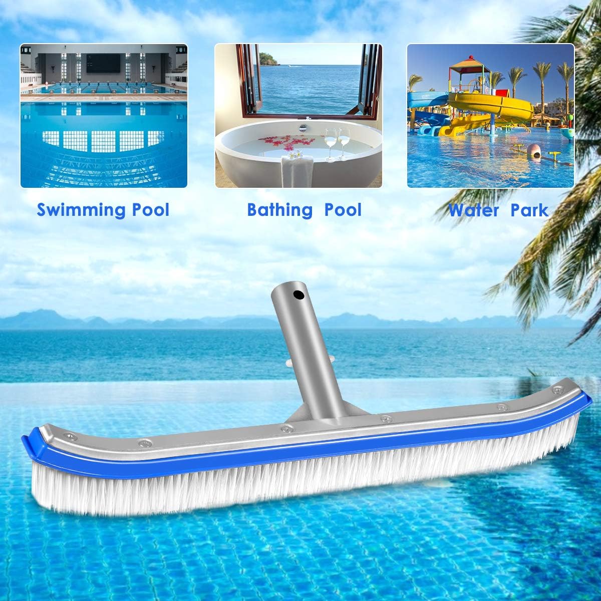 Swimming Pool Wall & Tile Brush,18" Polished Aluminum Back Cleaning Brush Head Designed for Cleans Walls, Tiles & Floors, Nylon Bristles Pool Brush Head with EZ Clips : Patio, Lawn & Garden