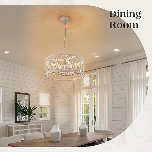 Miniatura 2 de Lámpara de araña antigua de granja para comedor, isla de cocina, 6 luces, candelabros colgantes de tambor, metal blanco envejecido, accesorios de