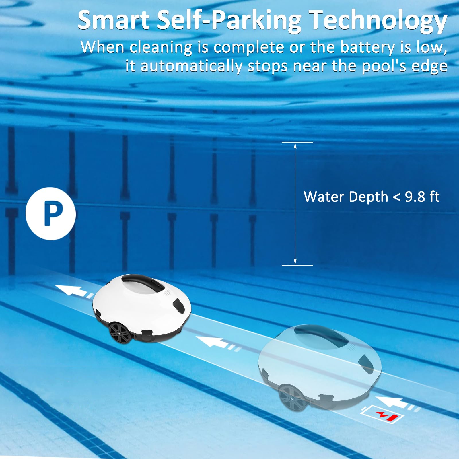 Robot nettoyeur de piscine sans fil de 130 minutes d'autonomie, léger, automatique et portable, 5200 mAh, charge rapide, puissant pour piscine hors sol jusqu'à 80 m² (blanc)