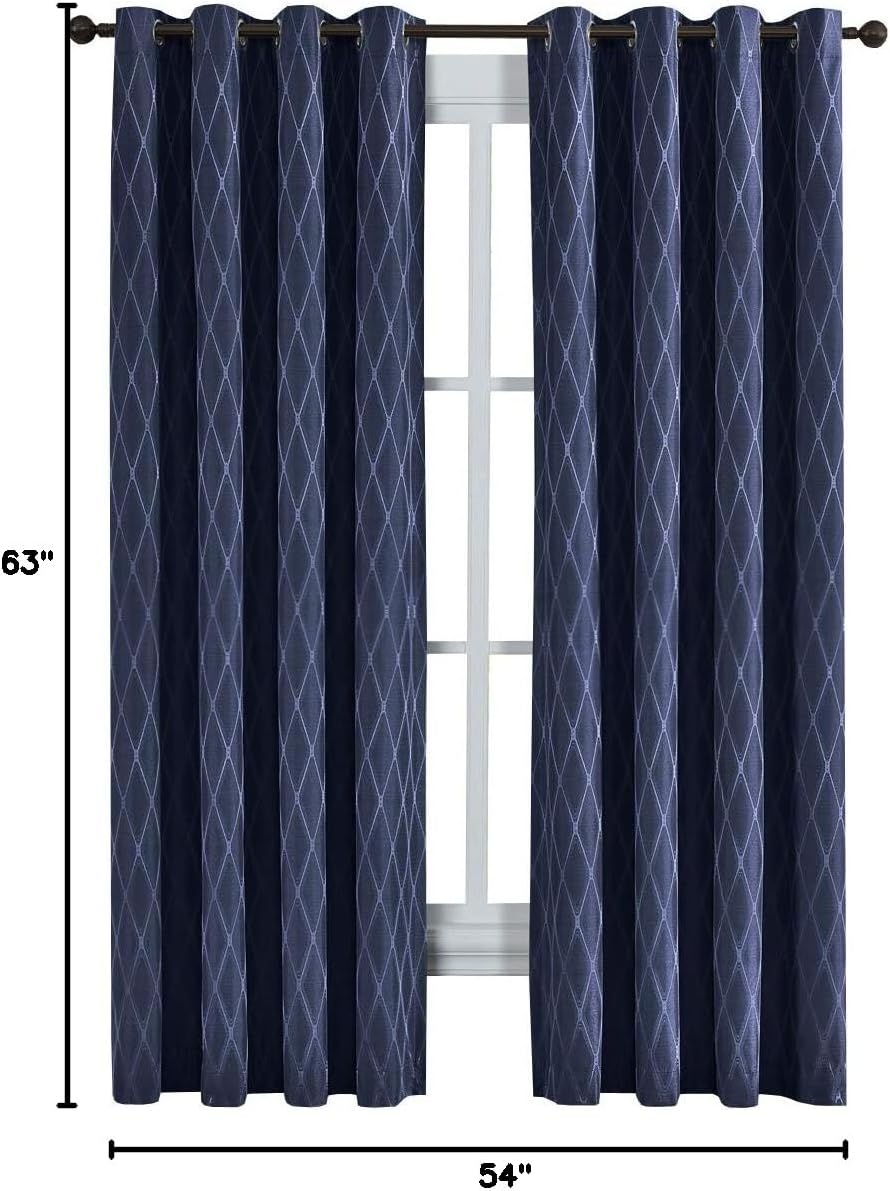 Royal Bedding Victoria Thermal Blackout Panels, Top Grommet Jacquard Room Darkening Window Curtains, Pair, Set of 2 Panels, 54 inches Width by 63 inches Long Each Panel, Navy