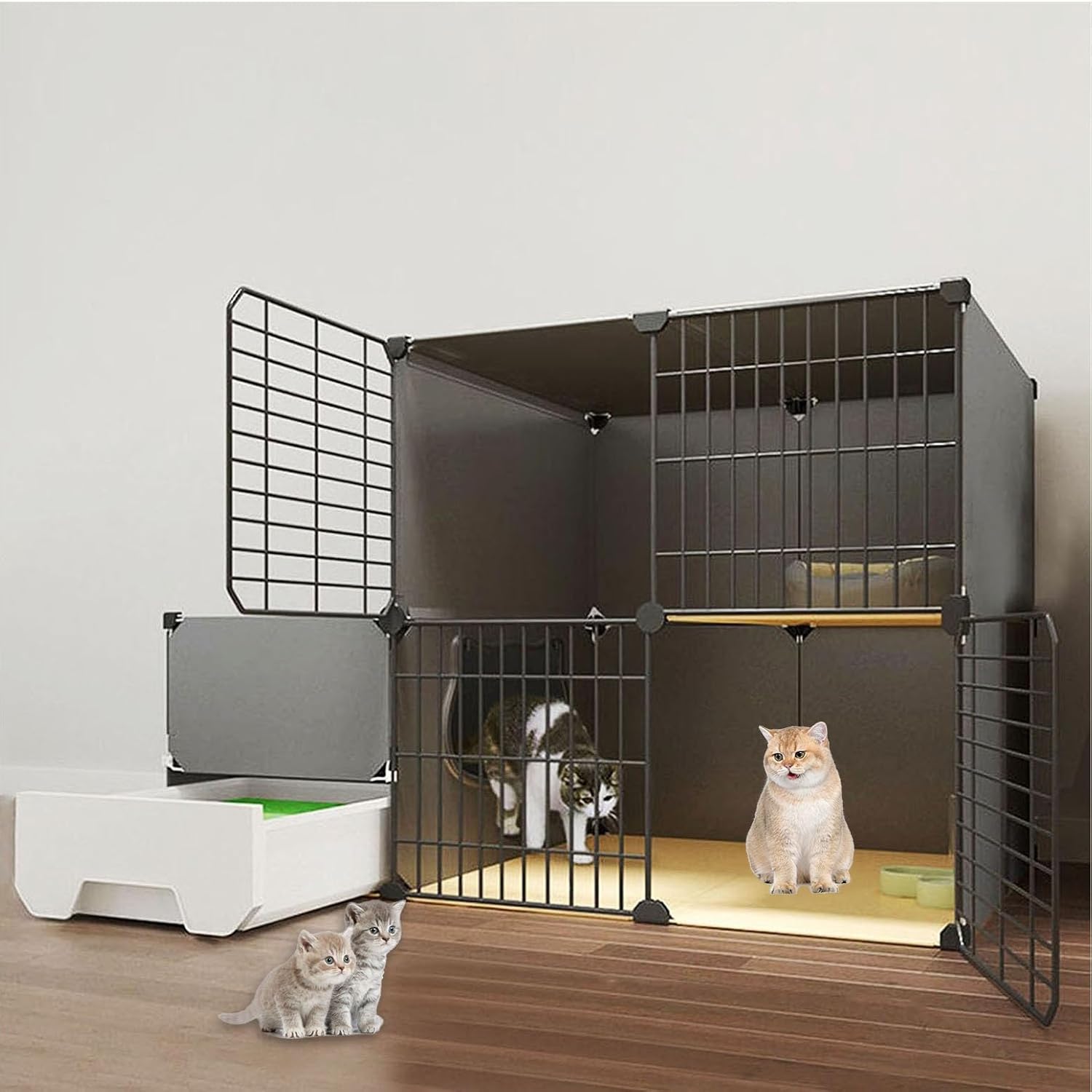 Indoor Cat Cage Enclosure with Pull-Out Litter Box, DIY PVC & Metal Frame Design, Easy to Clean, Spacious Cat Playpen (Size: B-111x49x75cm)