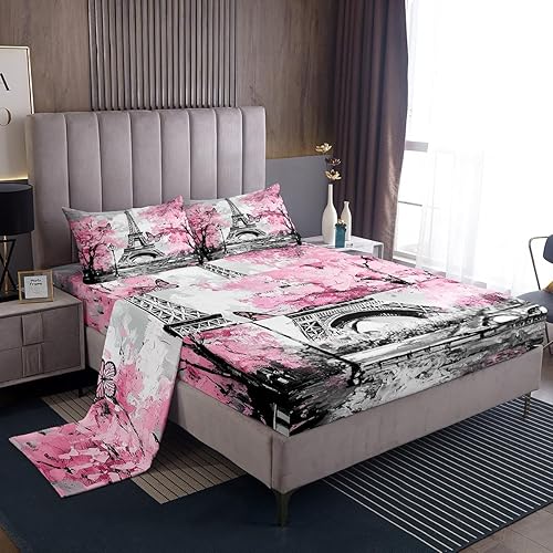 Juego de sábanas de microfibra de París para adultos, tamaño Queen, diseño de mariposas rosas, con sábana bajera, 2 fundas de almohada