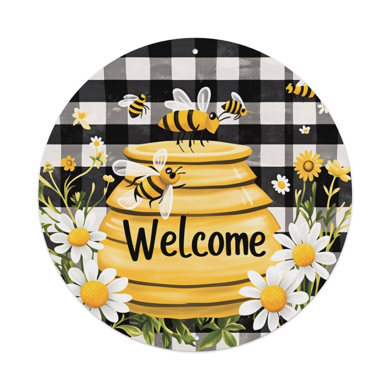Bee Hive Welcome Flowers Pattern Round Tin Sign Retro Metal Sign for Cafe Bar Pub Home Game Room Gym Club Wall Decoration Vintage Metal Poster 8x8 Inch
