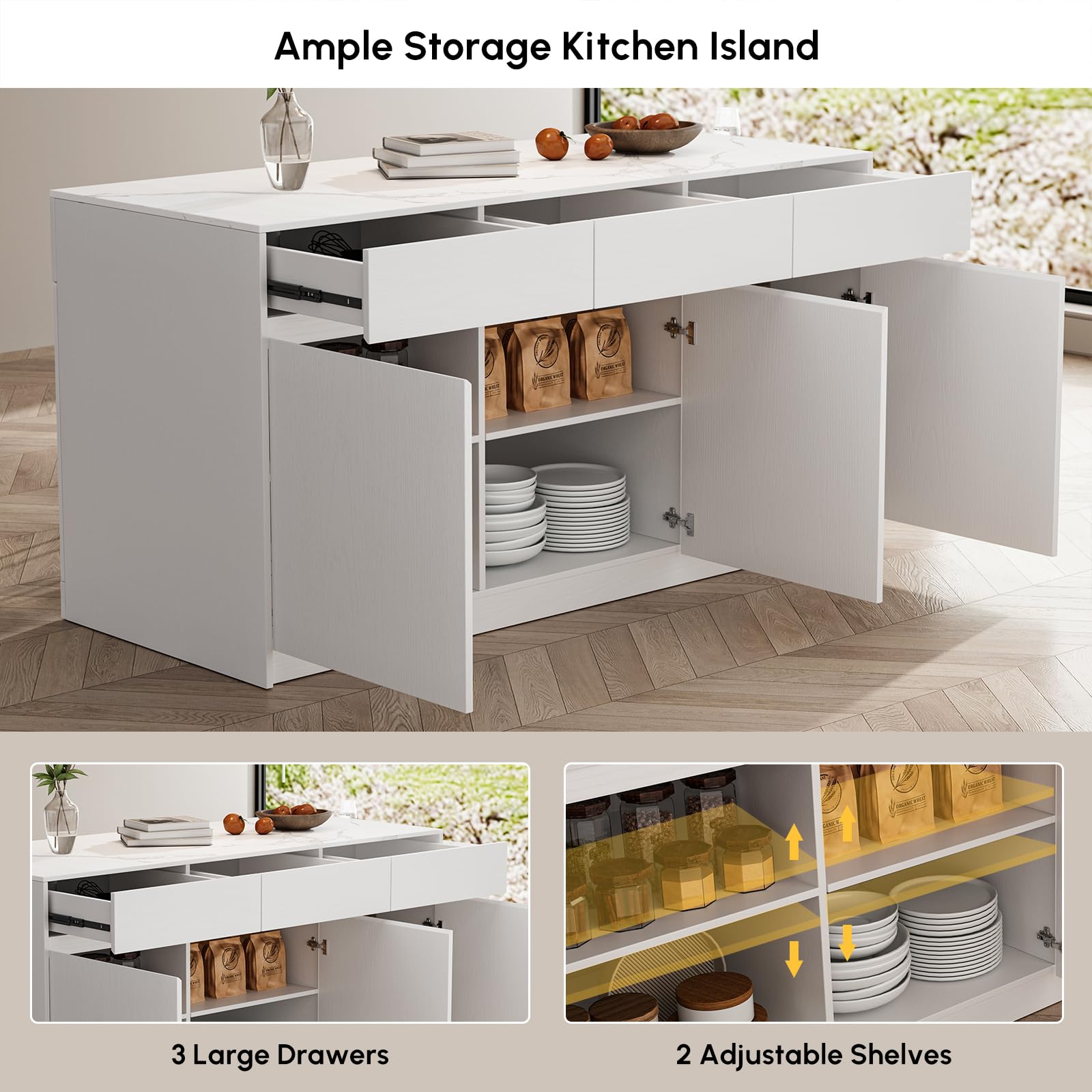 Homary Îlot Central de Cuisine Extensible avec Rangements 205-268 cm, Meuble Îlot Moderne avec 3 Tiroirs, 3 Portes & 2 Étagères, en Bois, Résistant à l'eau, pour Salle à Manger