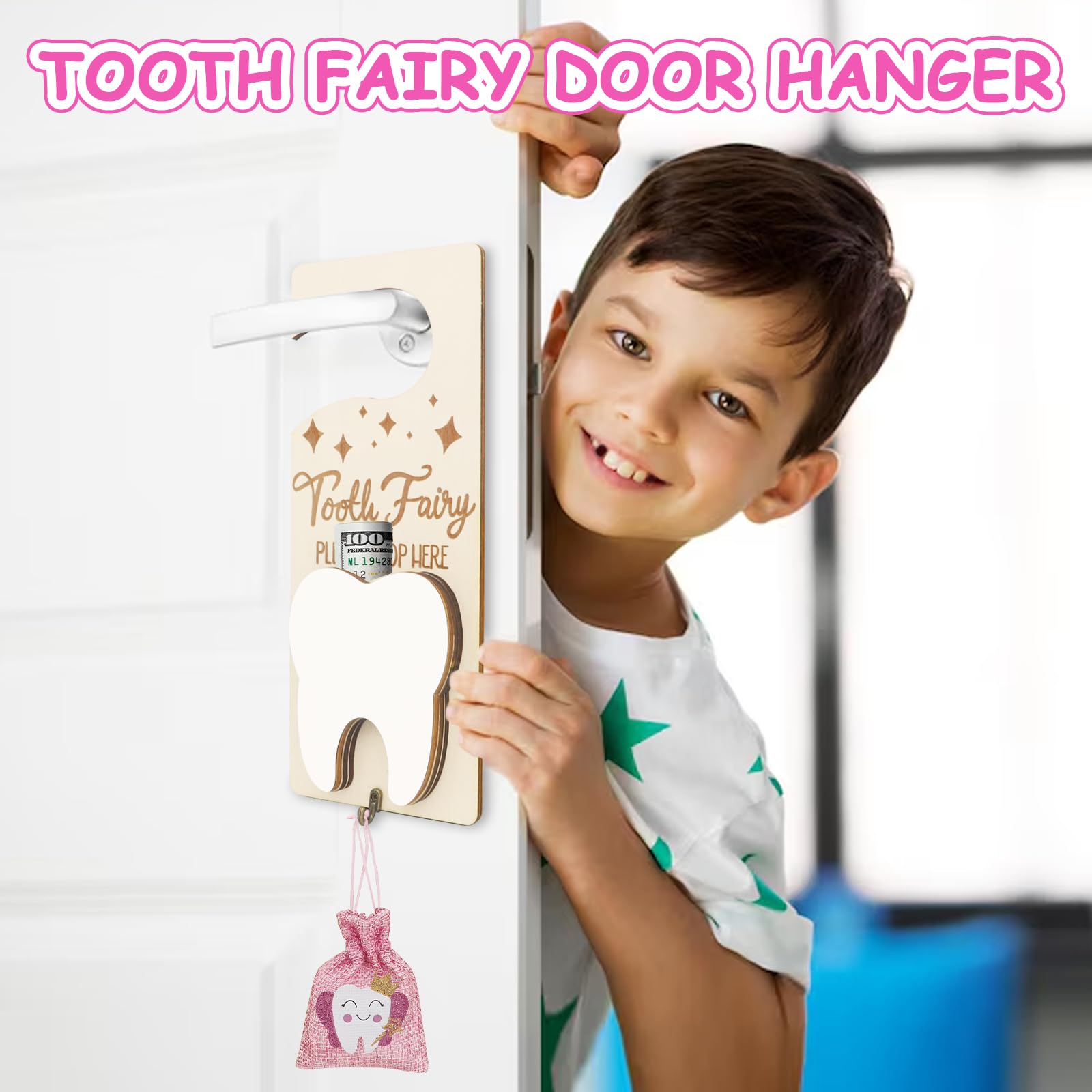 AINBIN 3PCS Tooth Fairy Tooth Holder, Tooth Fairy Door Hanger with Money Slot, Keepsake Bottle & Burlap Pouch for Lost Teeth, Encourage Gift for Boys Girls,Pink