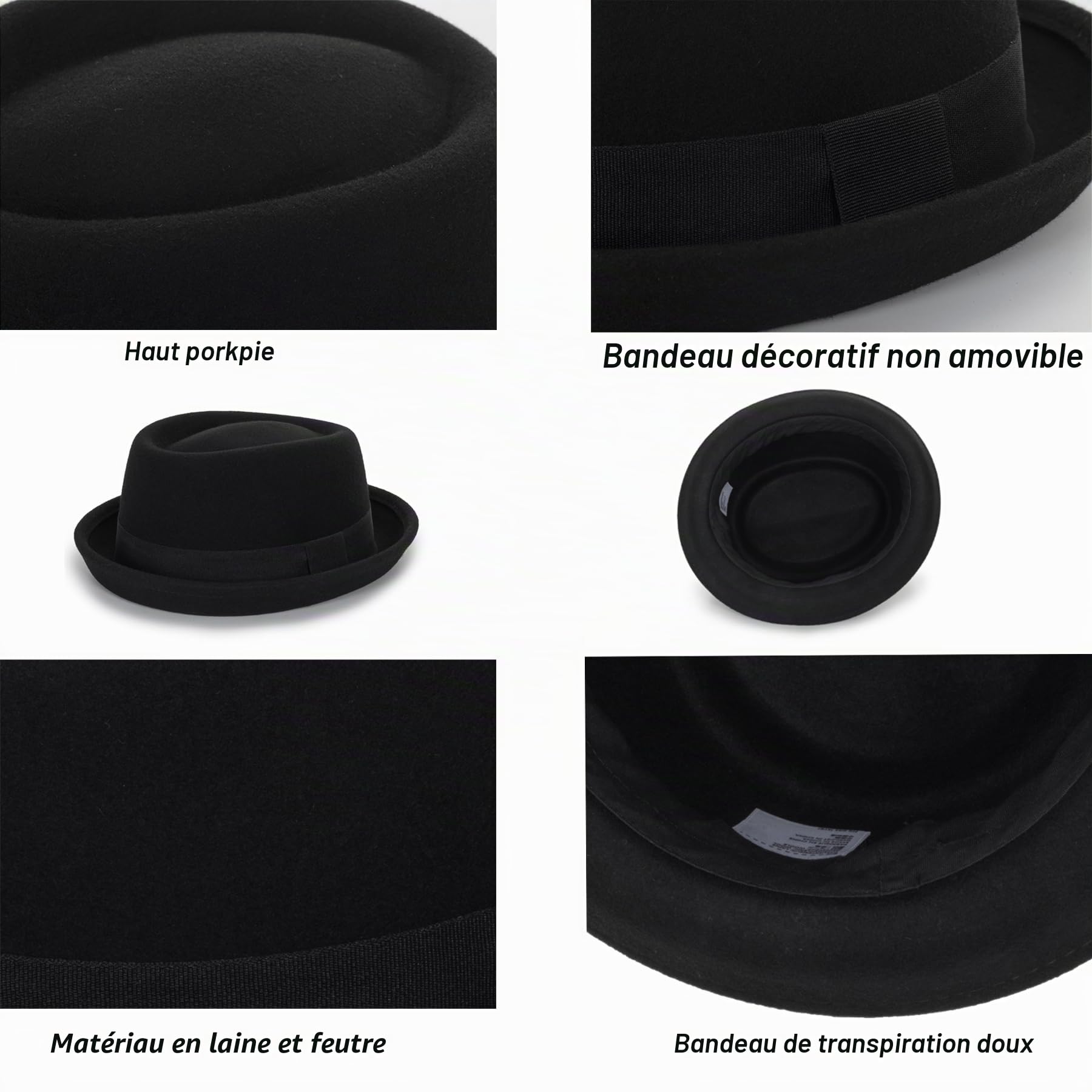 Chapeau de porkpie pour homme - Chapeau souffleur en laine noire avec bande (S-M)