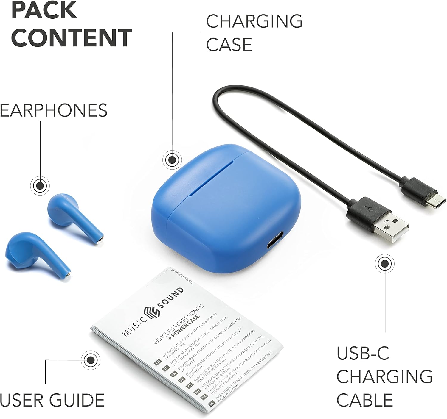 Contents of the Music Sound SWAG package including earbuds, charging case, USB-C cable, and user guide