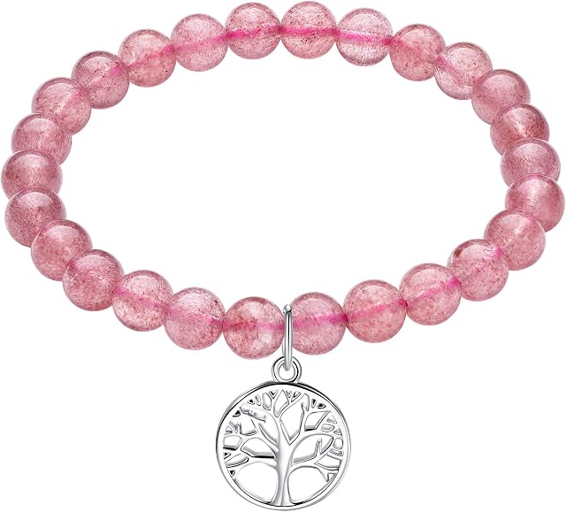 J.Endéar Beaded Bracelets for Womens, 8mm Natural Gemstone Bracelet, Tree of Life Friendship Bracelets with 925 Sterling Silver Tree of Life Charm