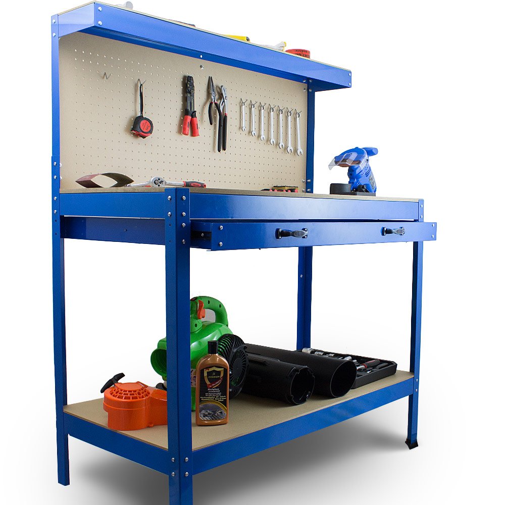 BITUXX Werktisch Werkbank Arbeitstisch Arbeitsplatte Lochwand Schublade Werkstatt 115 x 55 x 140 cm Blau