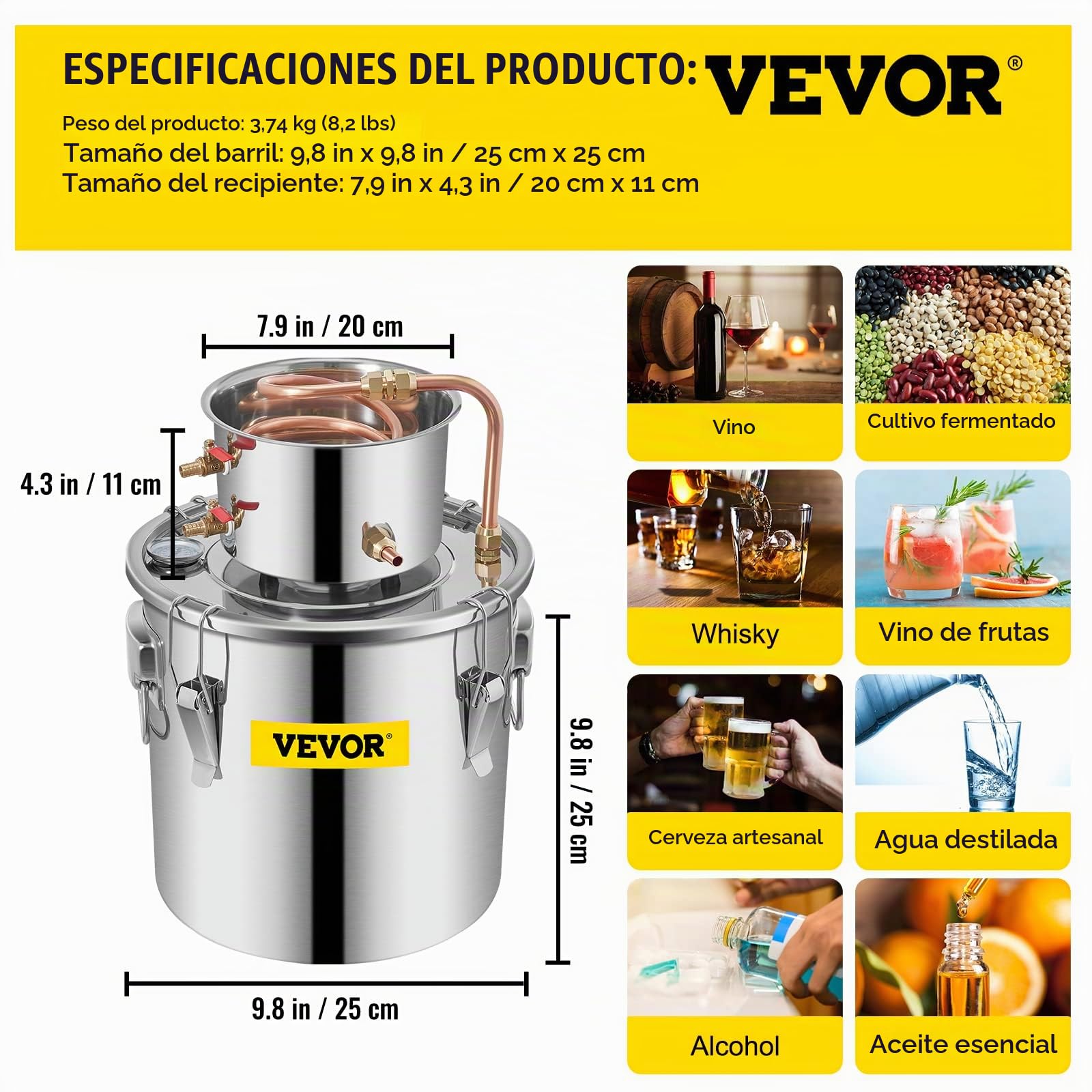 VEVOR Destilador de Alcohol de Agua 11,4 L Kit de Destilación con Bomba de Circulación, Tubo de Cobre para Alambique de Alcohol con Termómetro Incorporado para Whisky, Alcohol DIY, Acero Inoxidable