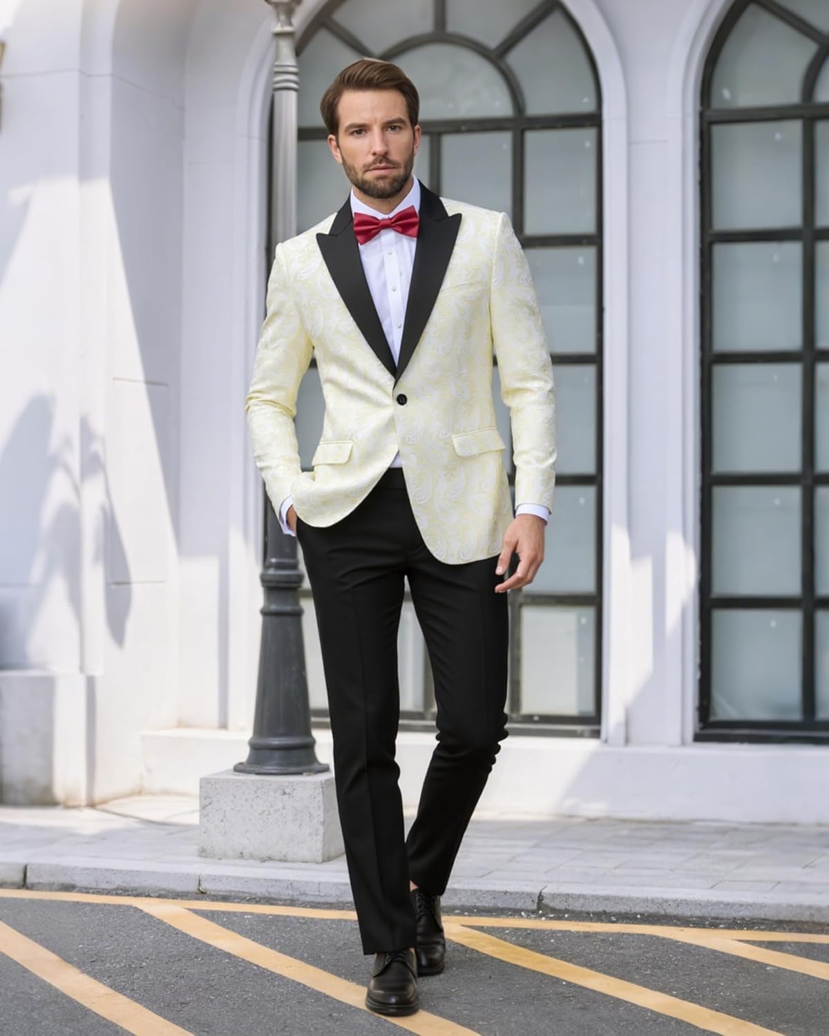 YND Mens Floral Suit Blazer, Slim Fit Paisley Tuxedo Jacket, Shawl Lapel with Bow Tie for Prom, Dinner, Wedding, Party